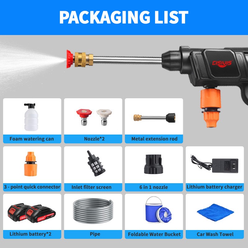 Cisivis Cordless High Pressure Car Washing Gun Pressure Washer Gun with 2 Nozzle