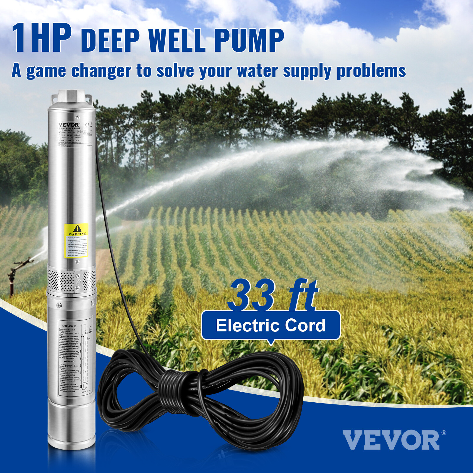 VEVOR 1HP 4” Deep Well Pump 37GPM Submersible Pump 207ft Stainless Steel 230V