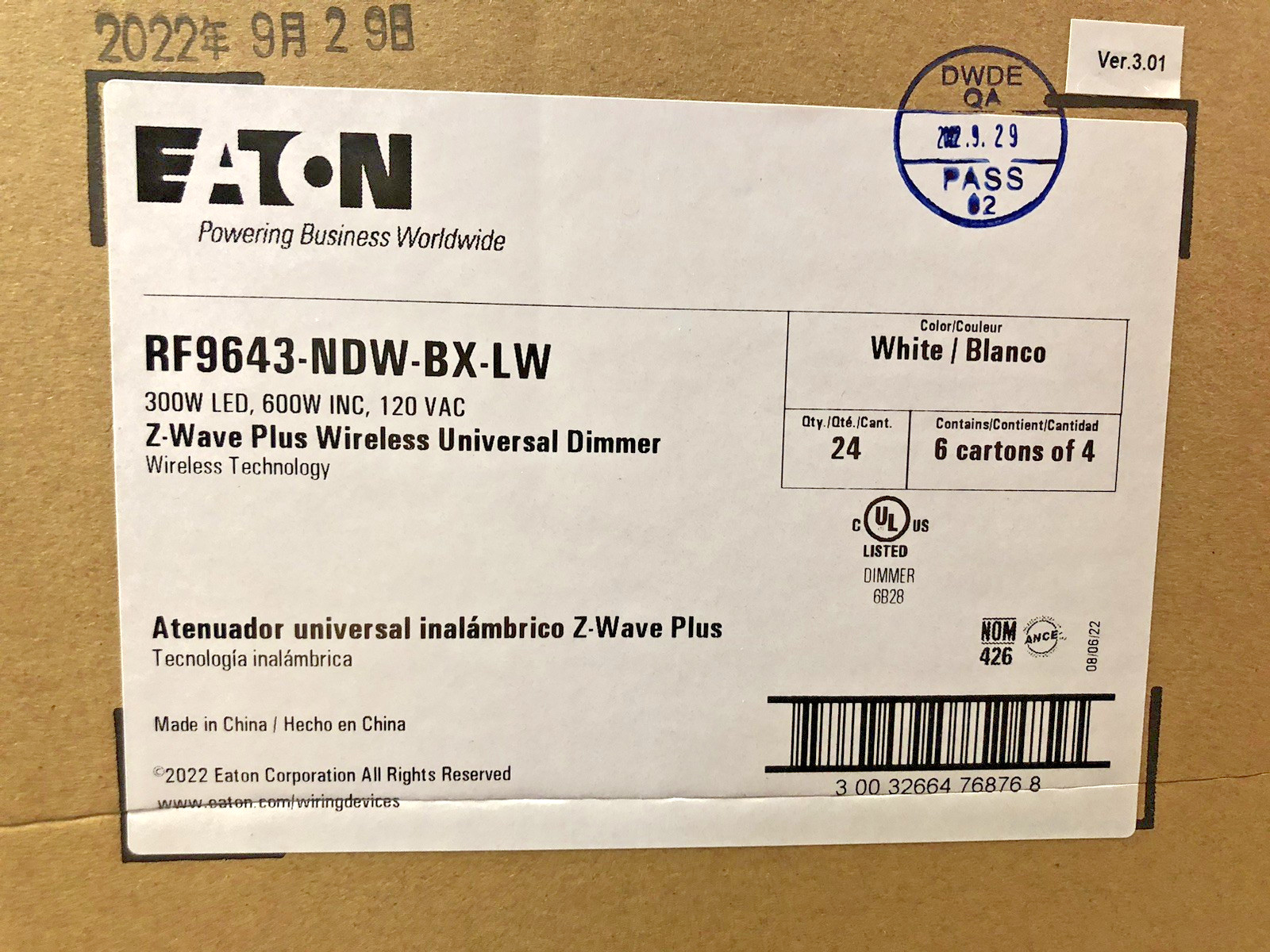 Eaton RF9643-NDW Z-Wave Plus Universal Smart Dimmer 3-Way Multi-Location White