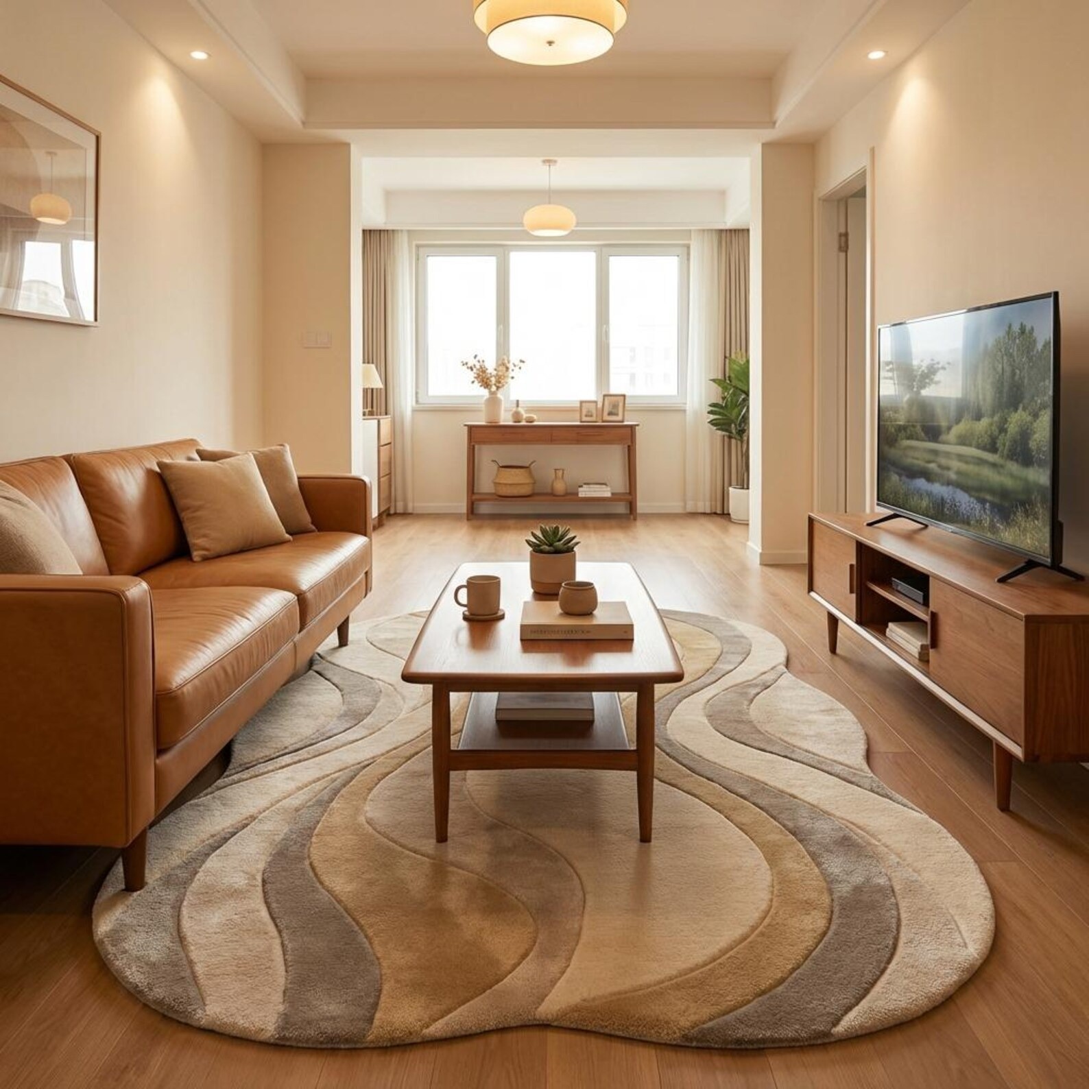 Modern Abstract Wave Rug Irregular Shape Neutral Tonal Beige Sculpted Rug 5x8