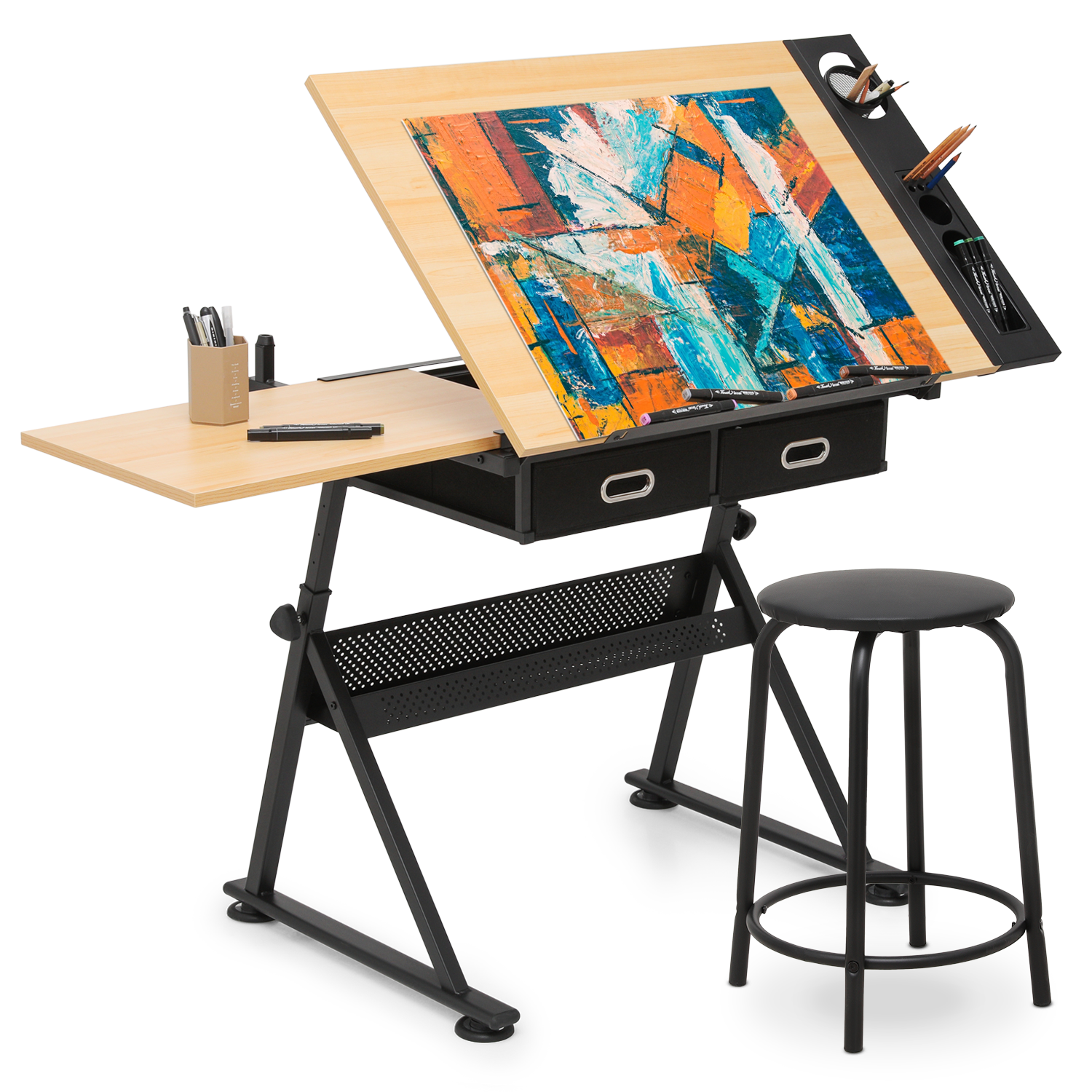 Drafting Drawing Table[STOOL+DRAWER]Adjustable Wood Tabletop Craft Work Station