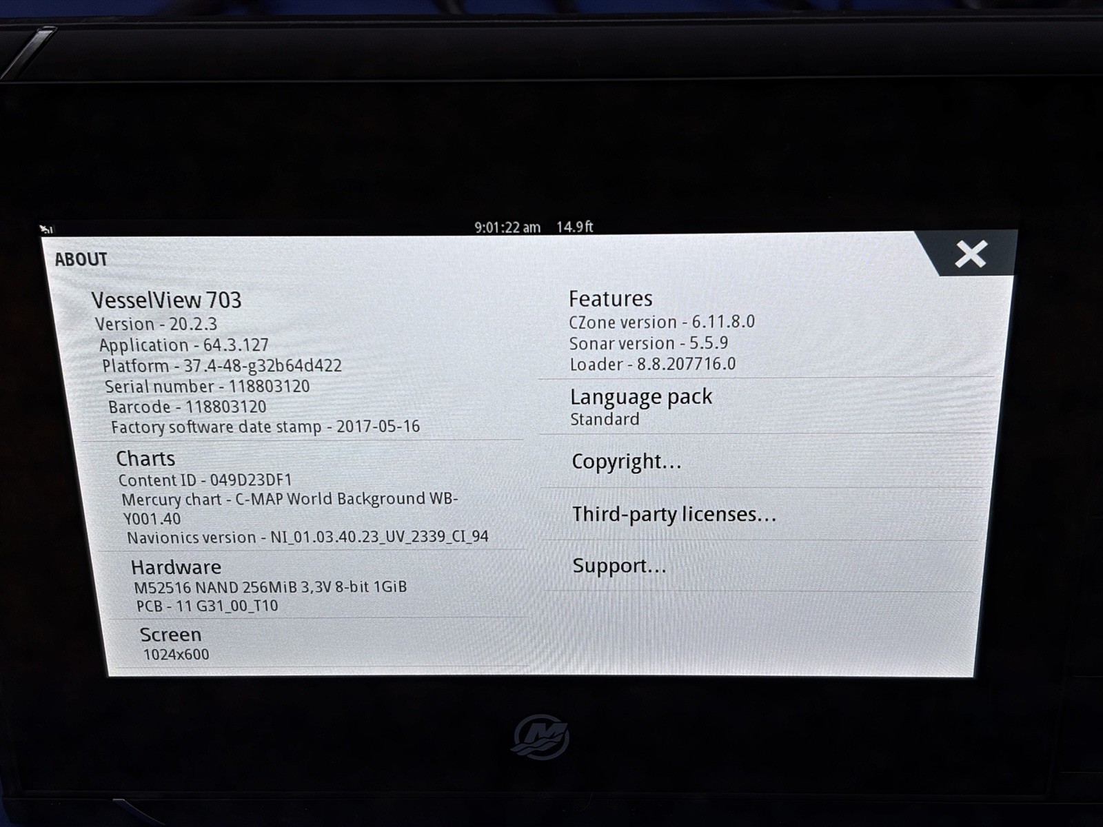 Simrad / Mercury Vessel View 703 7” Multifunction Engine Monitor Display