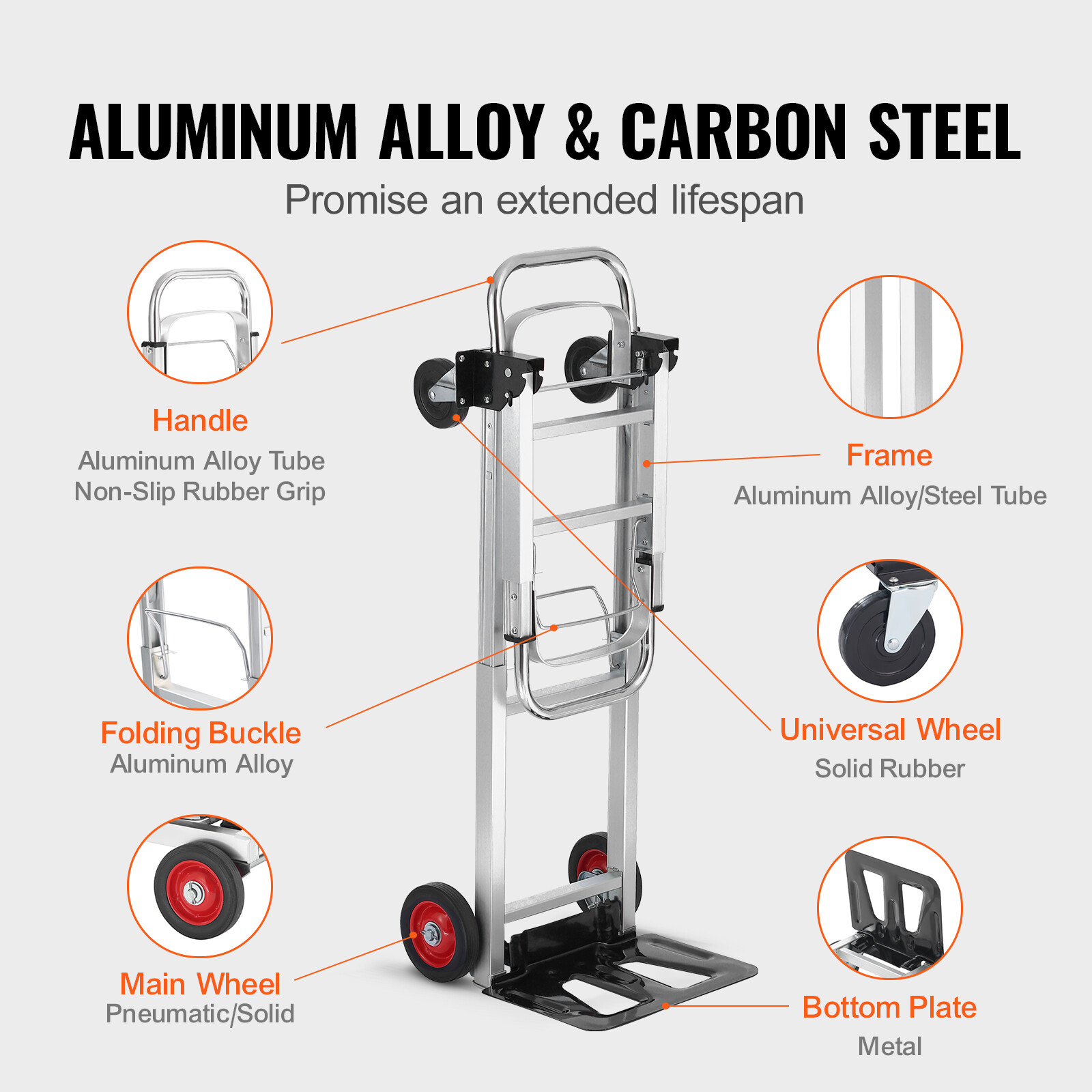 VEVOR Aluminum Hand Truck 2 in 1 Folding Dolly Cart 400 lbs Capacity Heavy Duty