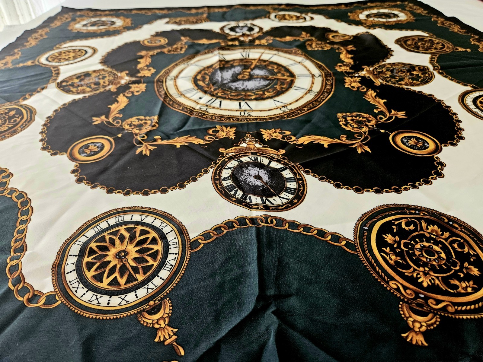 Vtg Peacock Trading Co Scarf 36" Sq Deep Green Gold W Clocks KOREA Silky Soft