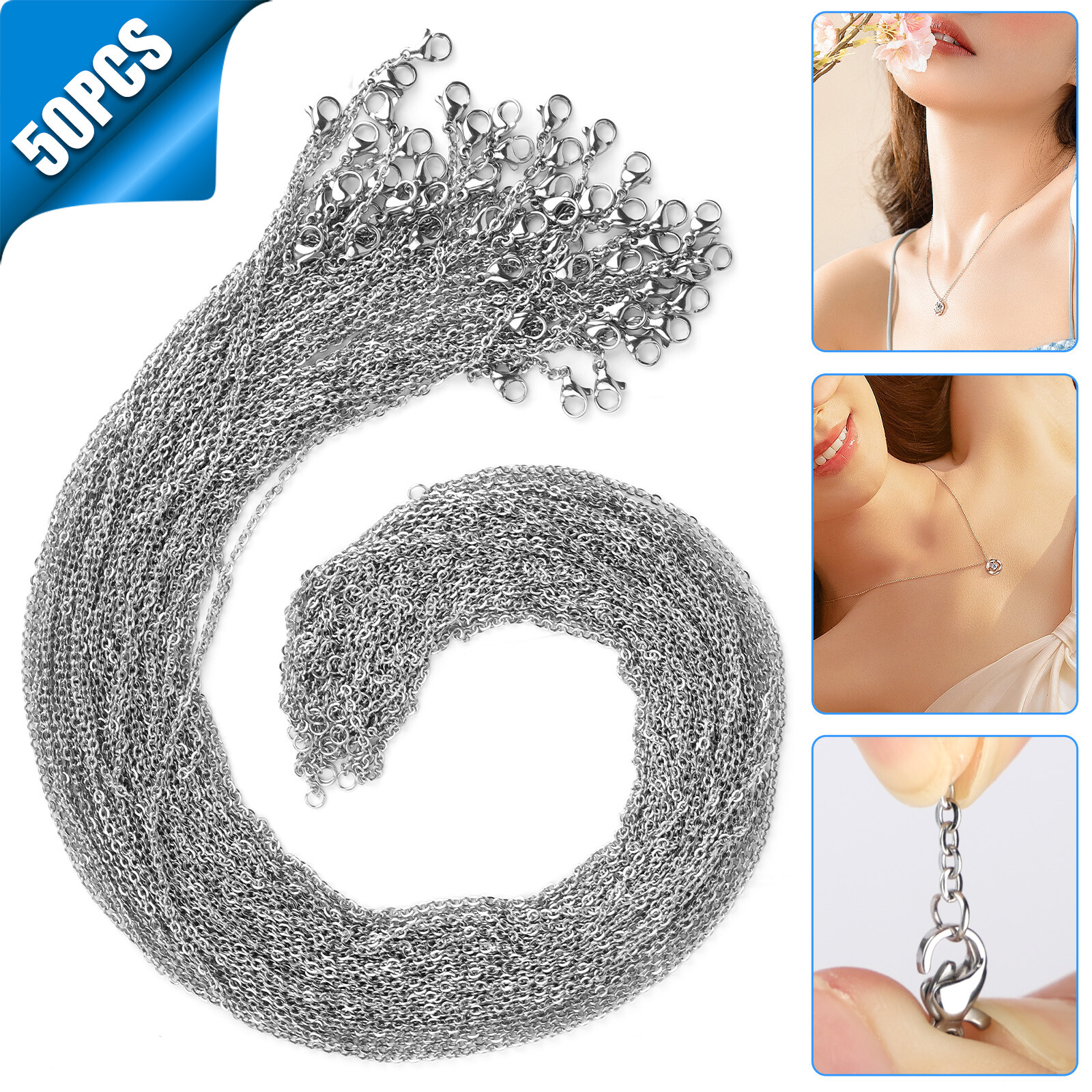 50Pcs Stainless Steel Silver Tone Chain Necklace Bracelet for DIY Jewelry Making