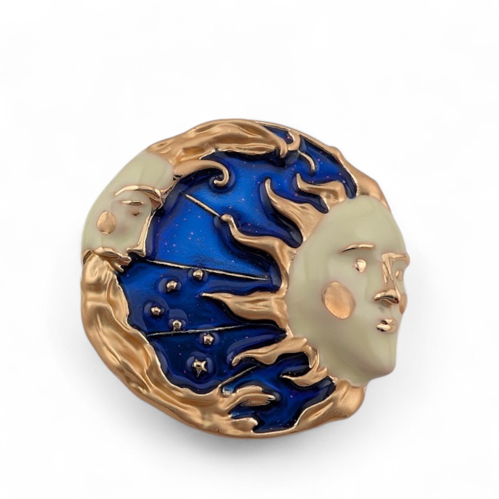 CELESTIAL SUN MOON BROOCH face 90s retro blue, gold- & ivory-tone enamel pin G1