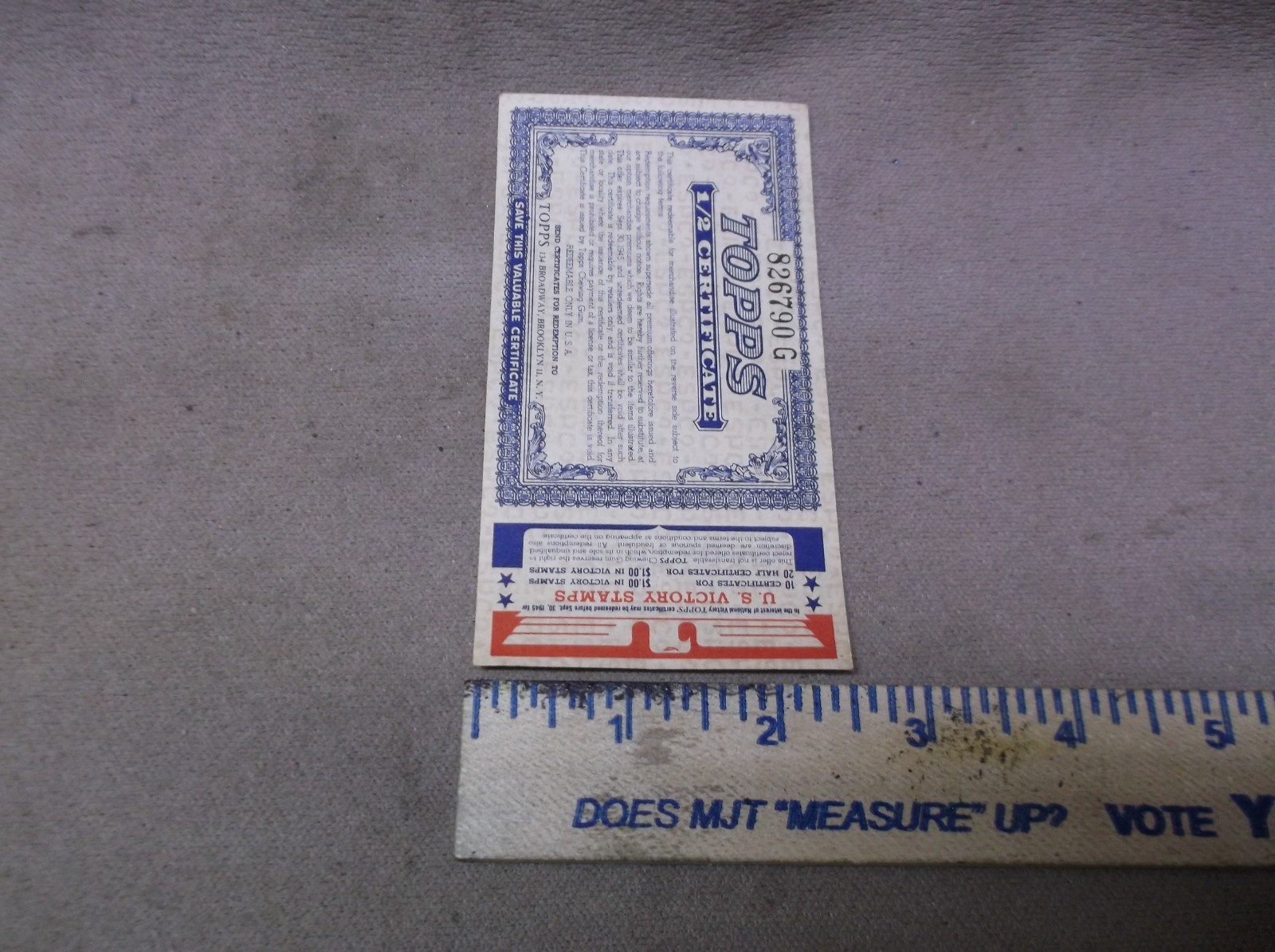 VINTAGE COLLECTIBLE 1945 TOPPS CHEWING GUM US VICTORY STAMPS 1/2 CERTIFICATE