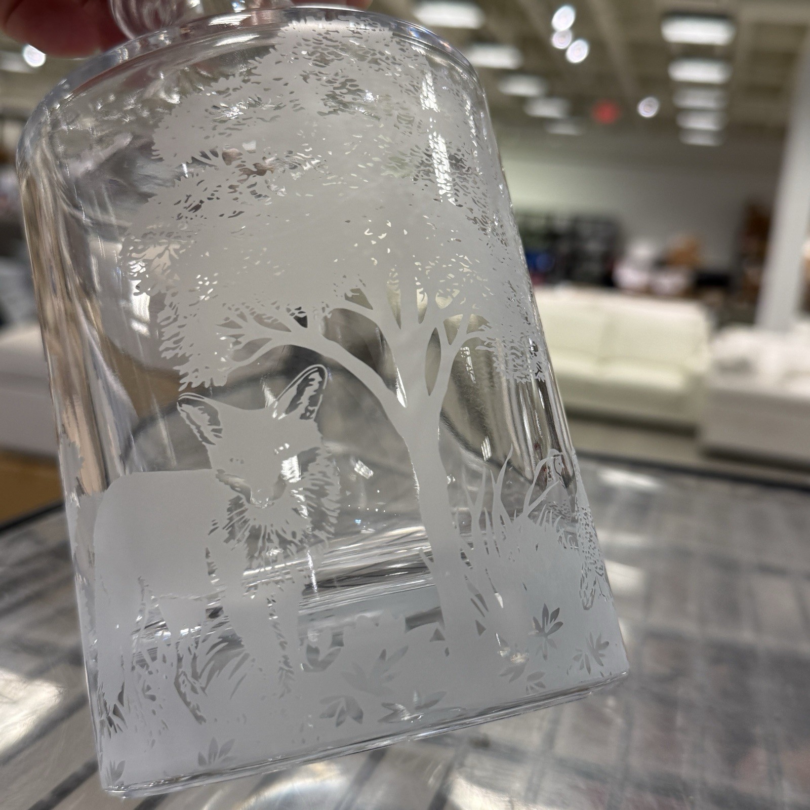 POTTERY BARN Fantastical Forest Glass Decanter 4.5" X 10" ~ BEAR, FOX, QUAIL