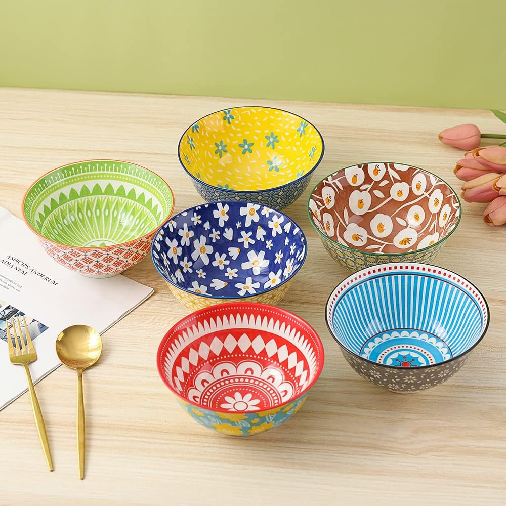 Porcelain Soup Cereal Bowls Set - Ceramic Bowls for Kitchen 23 Oz - 6 Colorful P