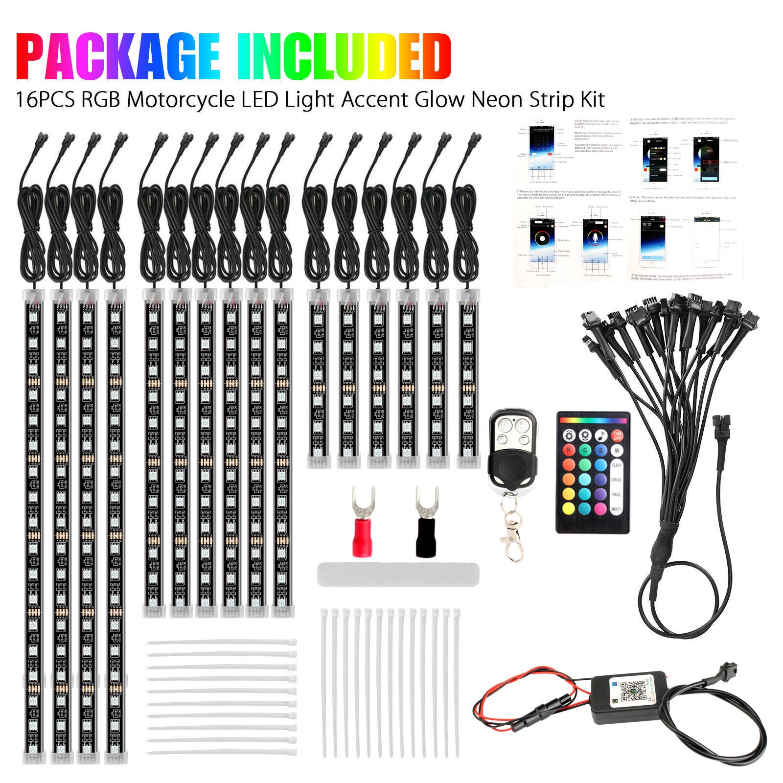 16PC RGB Bluetooth Motorcycle LED Light Under Glow Neon Strip Remote Control Kit