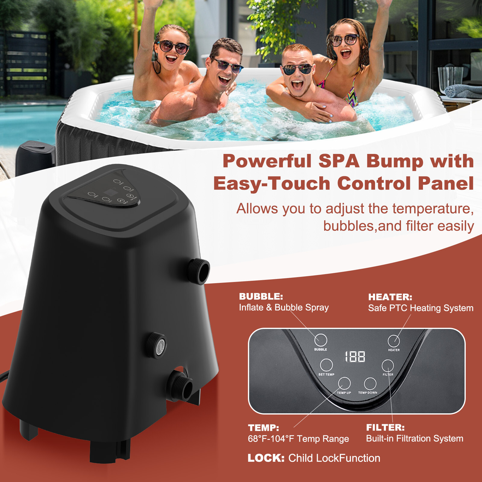 NAIZEA 6 Person Inflatable Hot Tub 75x75x25 Spa with 130 Soothing Jets and Cover