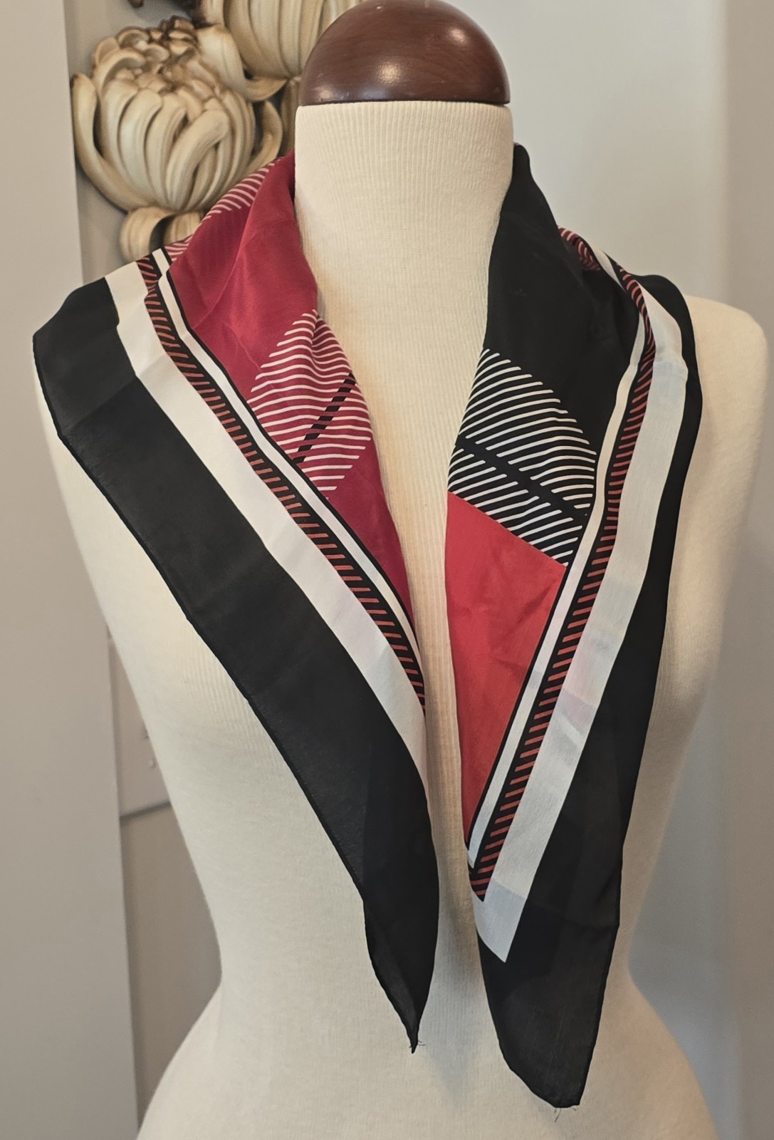 Vintage Bill Blass Scarf Silk Mod Red Black White Geometric 27x27.5 Inches