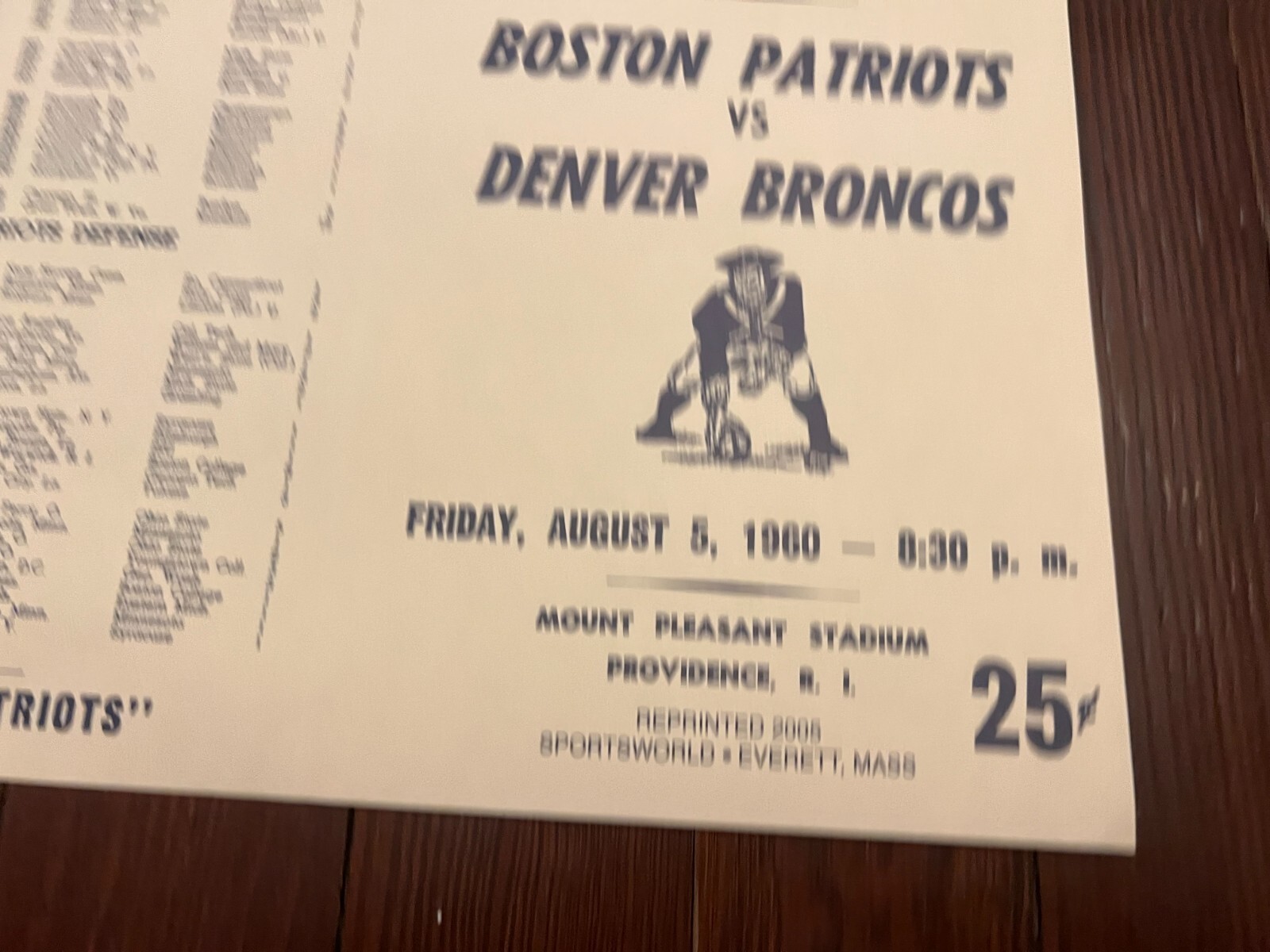1960 AFL FOOTBALL GAME PROGRAM - DENVER BRONCOS @ BOSTON PATRIOTS REPRINT