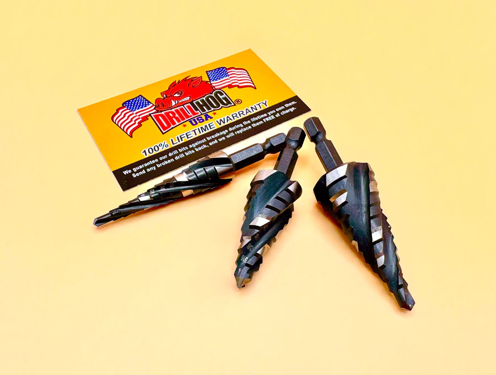 3 Pc Cobalt M42 AlTiN Quad Flute Step Drill Bit Set Drill Hog® Lifetime Warranty