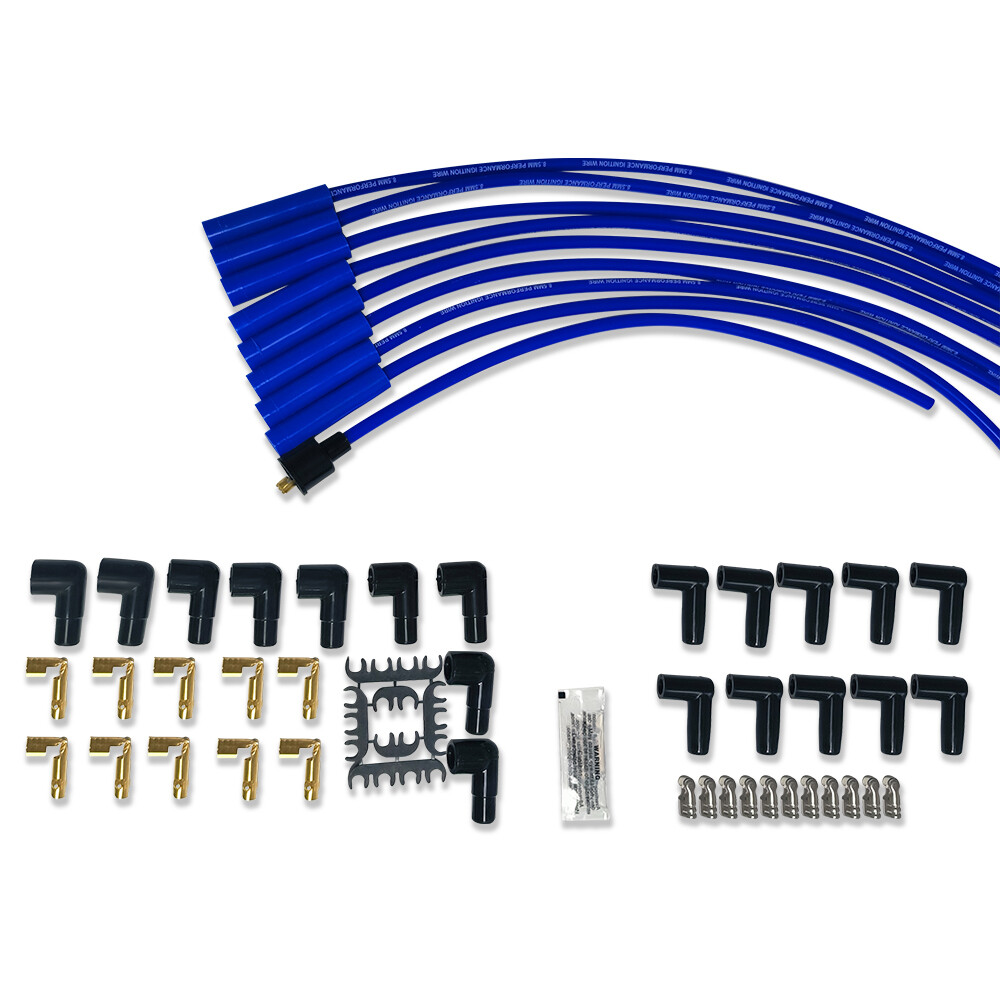 Universal 8.5mm Blue Spark Plug Wires Straight Boots Spiral Core V8