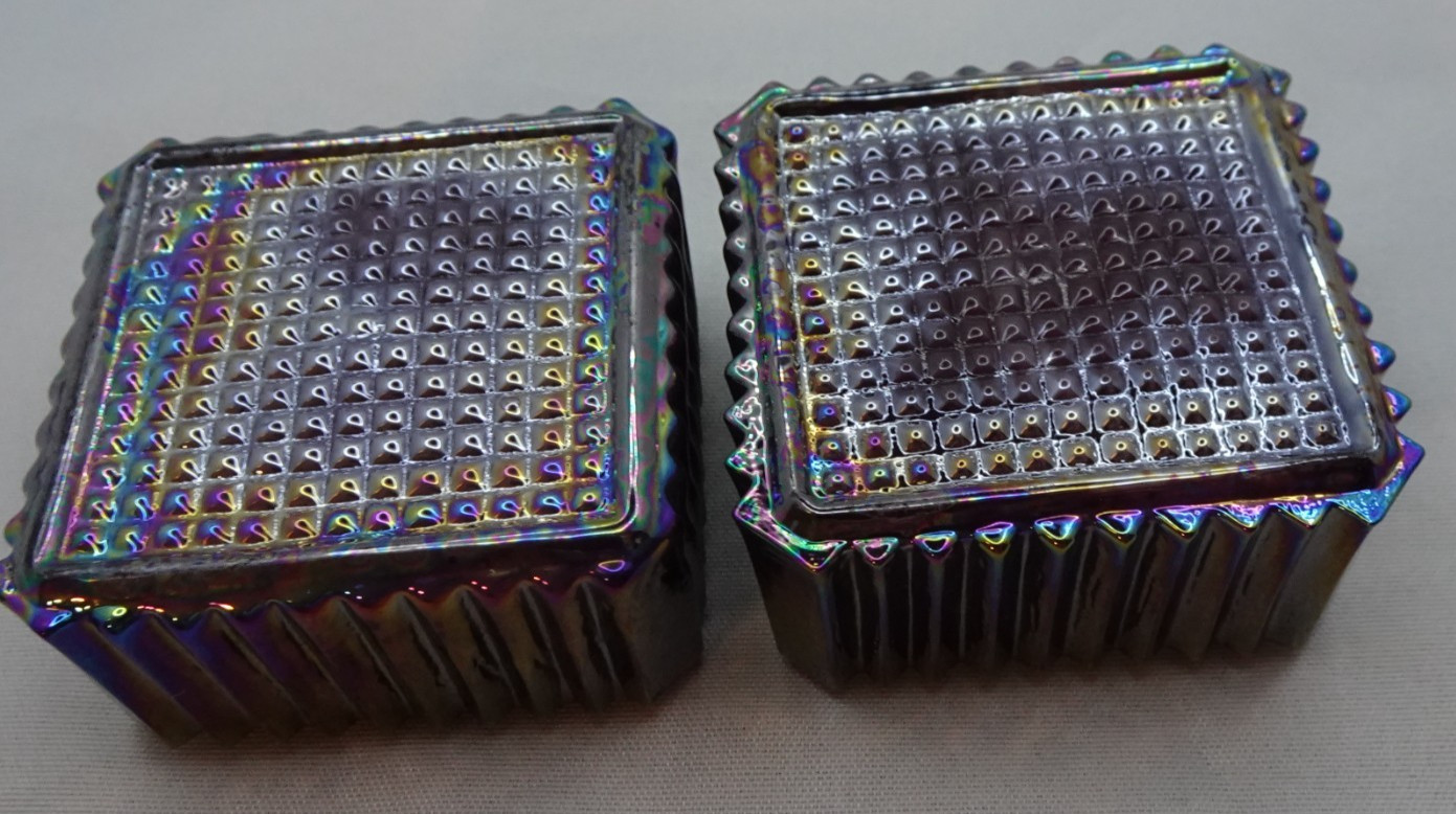 (2) E.E. Ed Bowman Wetzel Glass Fluted Square Open Salt Dip Purple Iridescent