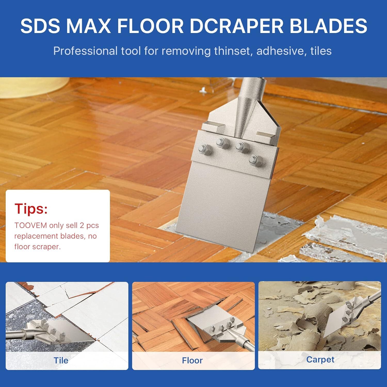 TOOVEM 2Pcs Repl Scraper Blade for 6in SDS Max Floor Scraper Thinset Removal US