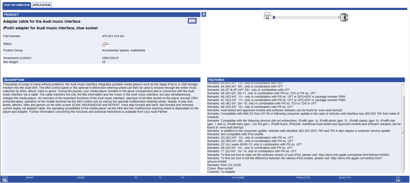 Genuine Audi/VW AMI iPod® /iPhone® Cable MDI 30-PIN Adapter Charger 4F0051510K