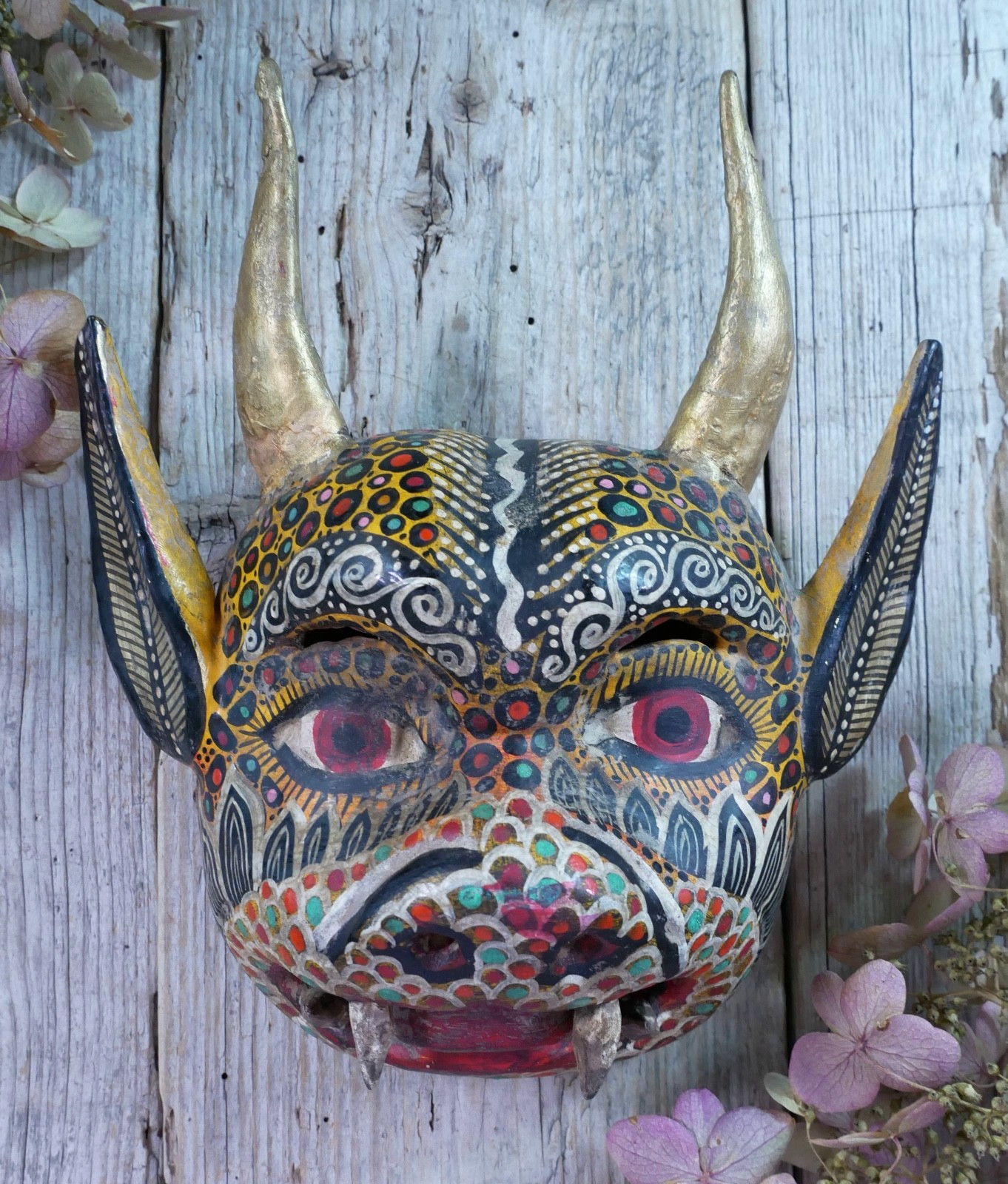 Devil Demon Wood Mask Real Goat Horns Handmade Guerrero Nahua Mexican Folk Art