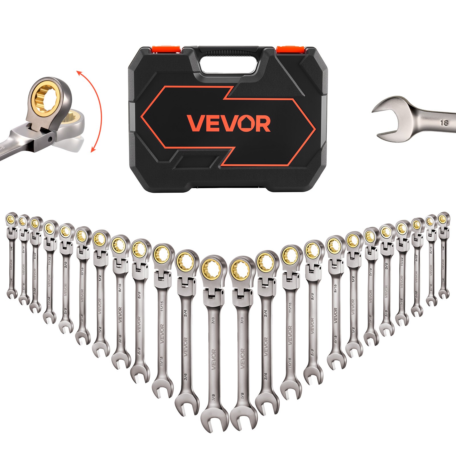 VEVOR Flex-Head Ratcheting Wrench Set Combination Wrench Set 24-Piece 72 Teeth