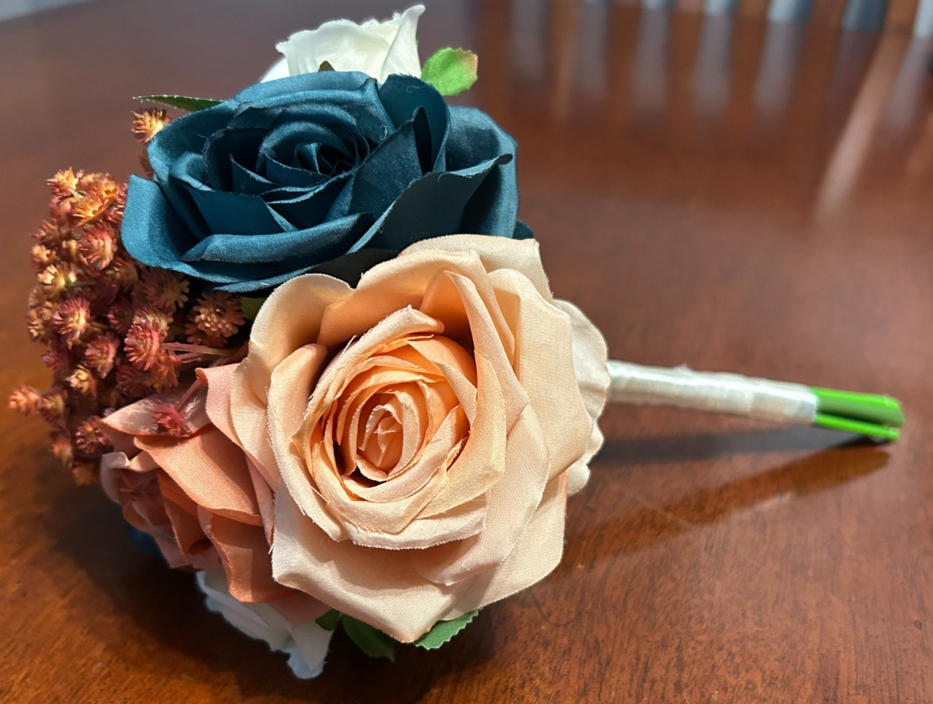 LOT OF 4 PEACH/BURNT ORANGE/TEAL/WHITE ROSES/ETC BRAIDSMAIDS FLORAL BOUQUETS-x2