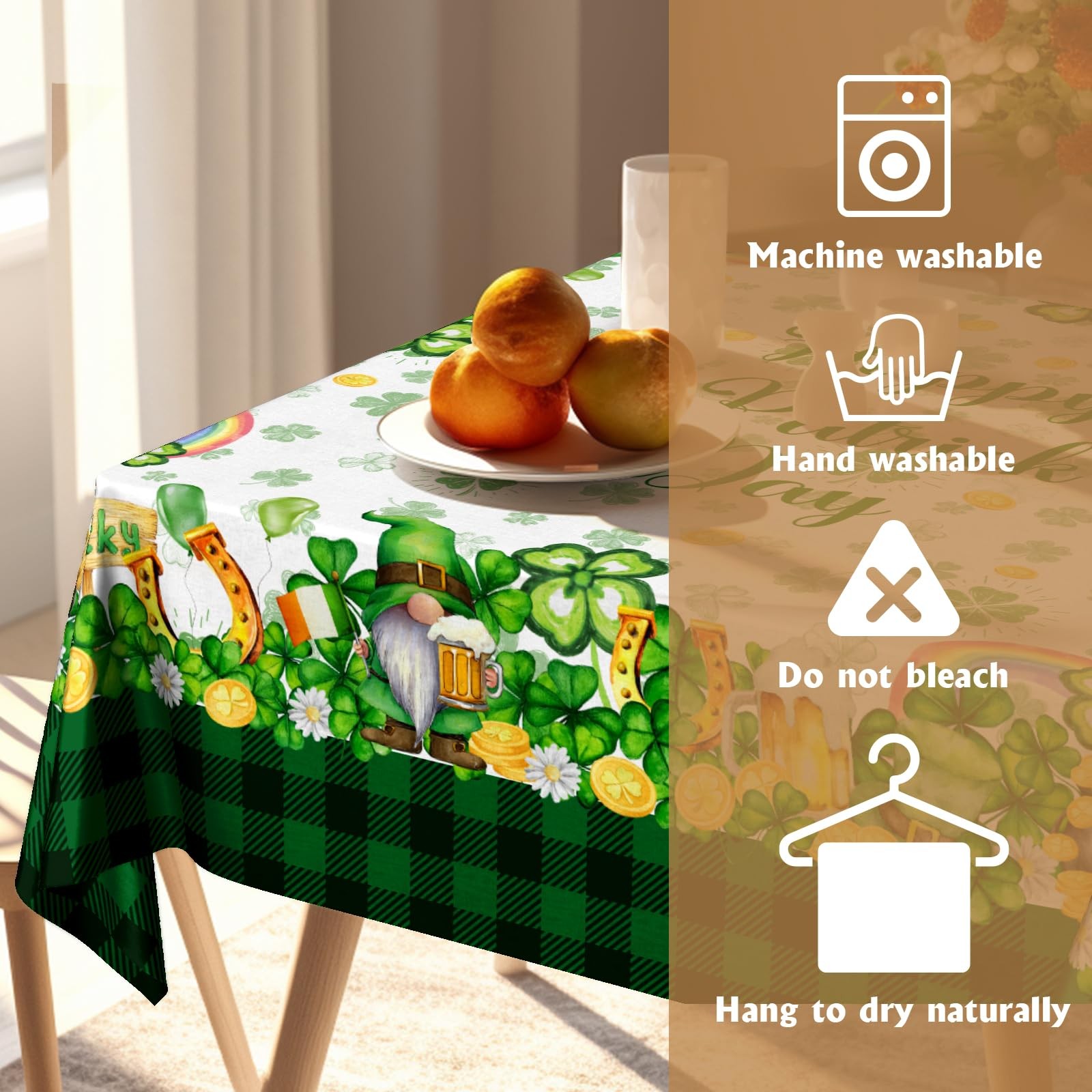 Happy St. Patricks Day Tablecloth 52x52 Inch Square Green Shamrock Gnome Tabl...
