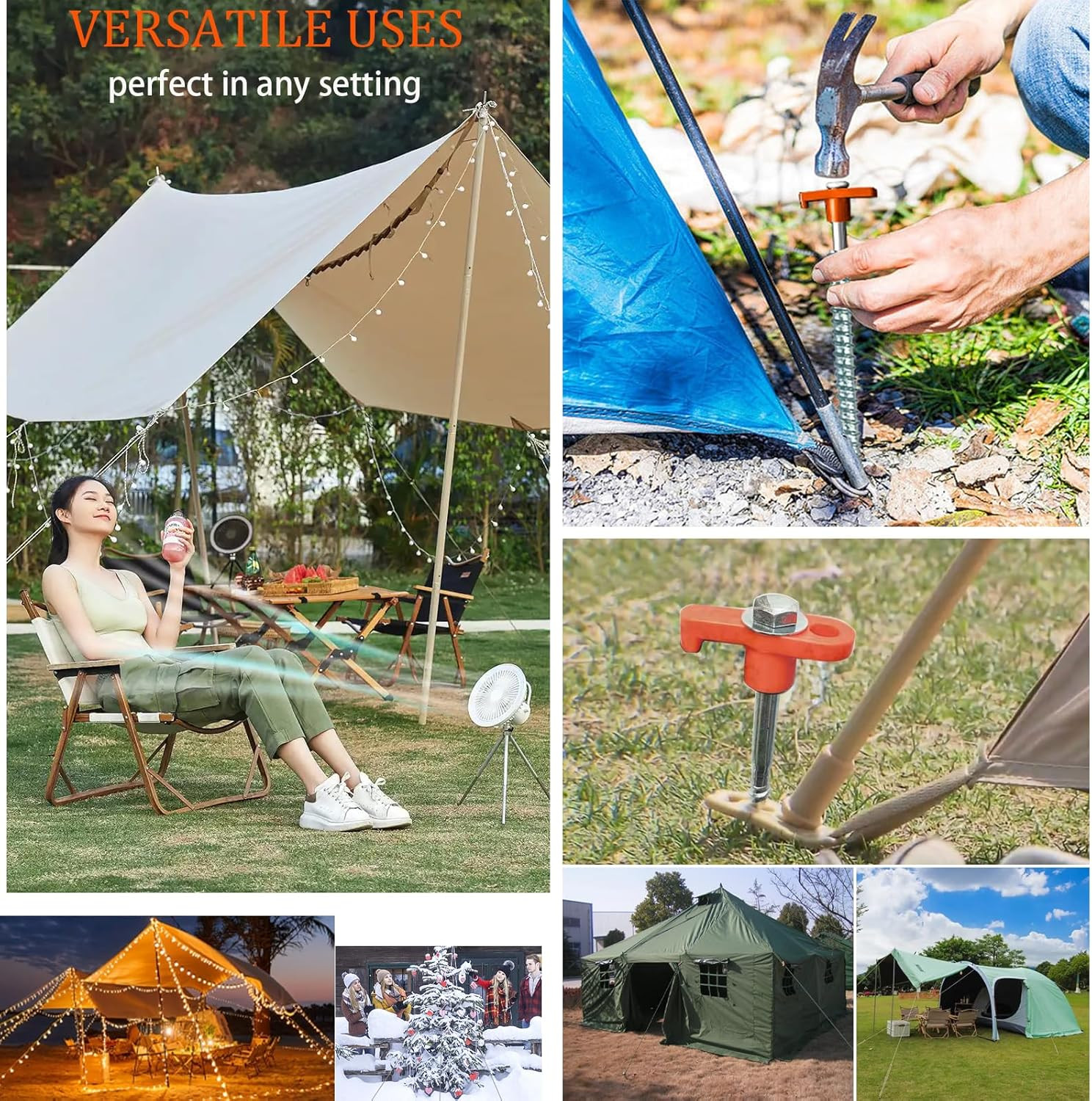 10-Pack 8" Heavy Duty Screw in Tent Stakes, Drill-In Non-Rust Ground Anchor Pegs