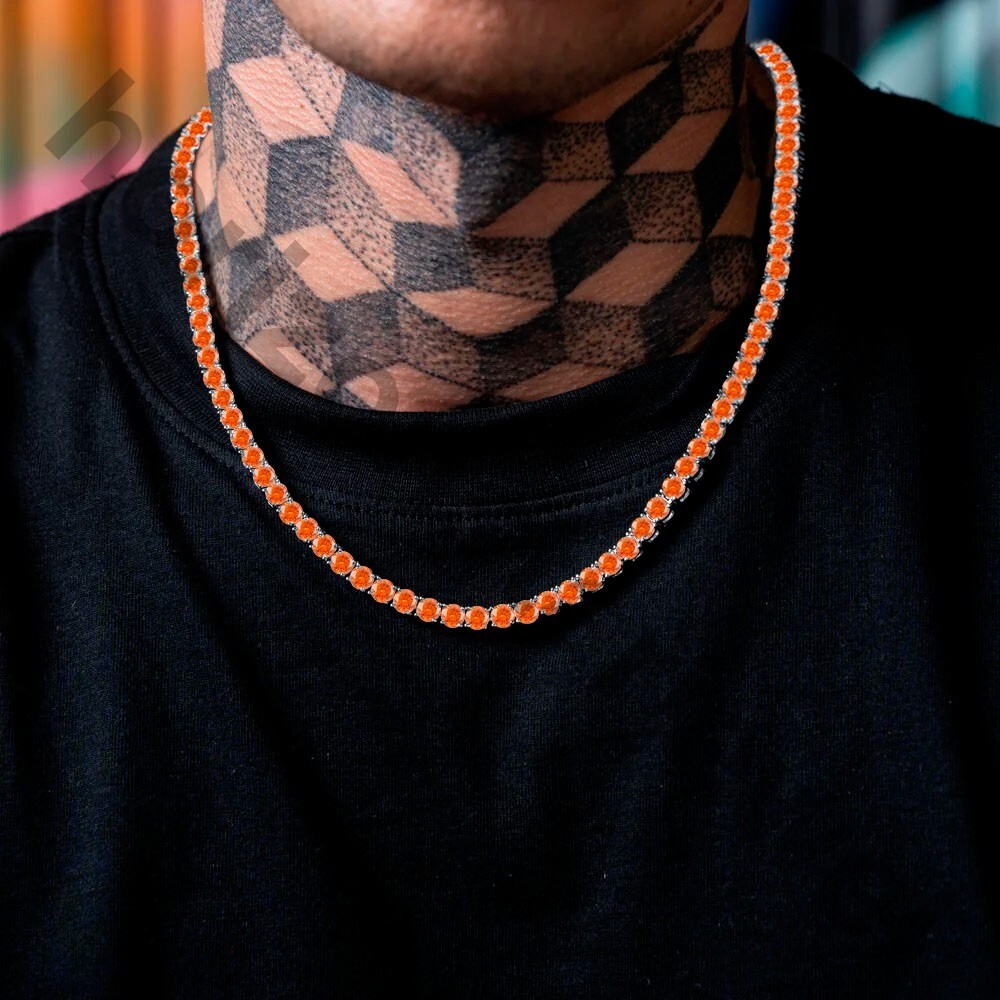 22" Tennis 5 MM Necklace 55 Ct Round Cut Orange Sapphire 14K White Gold Over