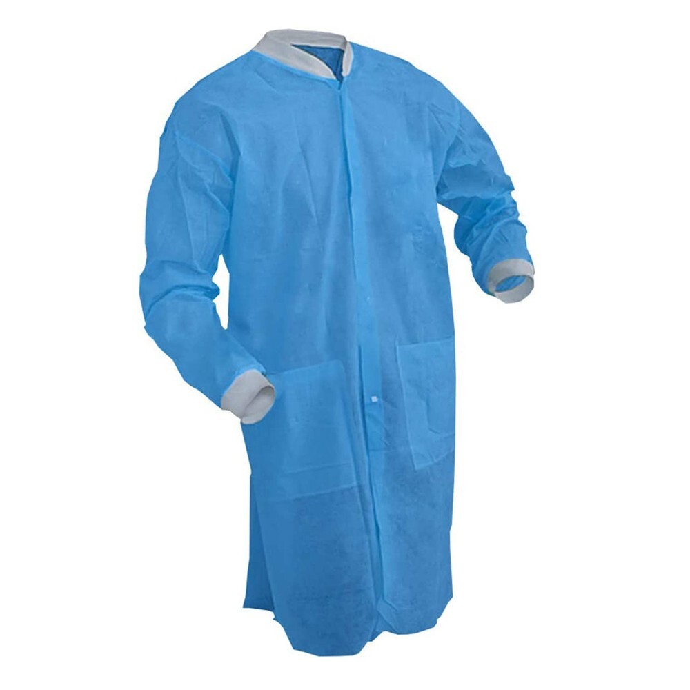 Case of 50 Disposable SMS Lab Coat Blue,2 Pockets, 35gsm, M-2XL Size