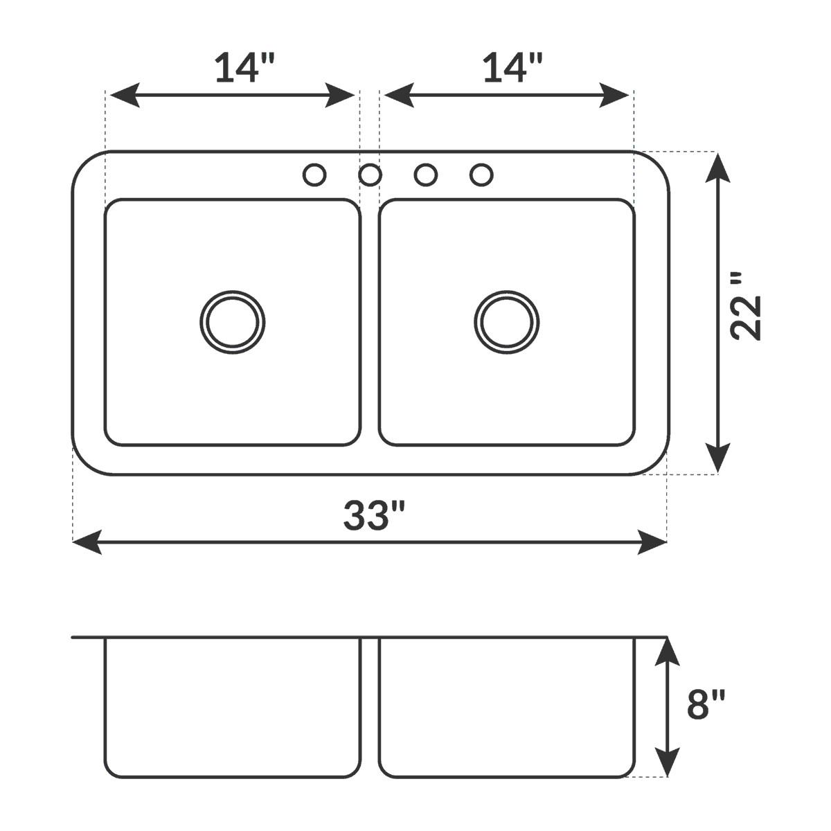 Top Mount Stainless Steel Double Basin Kitchen Sink 33" x 22" x 8" Deep