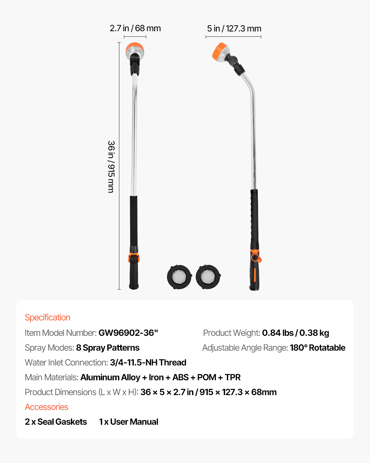 Garden Hose Watering Wand Heavy Duty 36 inch 8 Spray Patterns & 180° Swivel Head