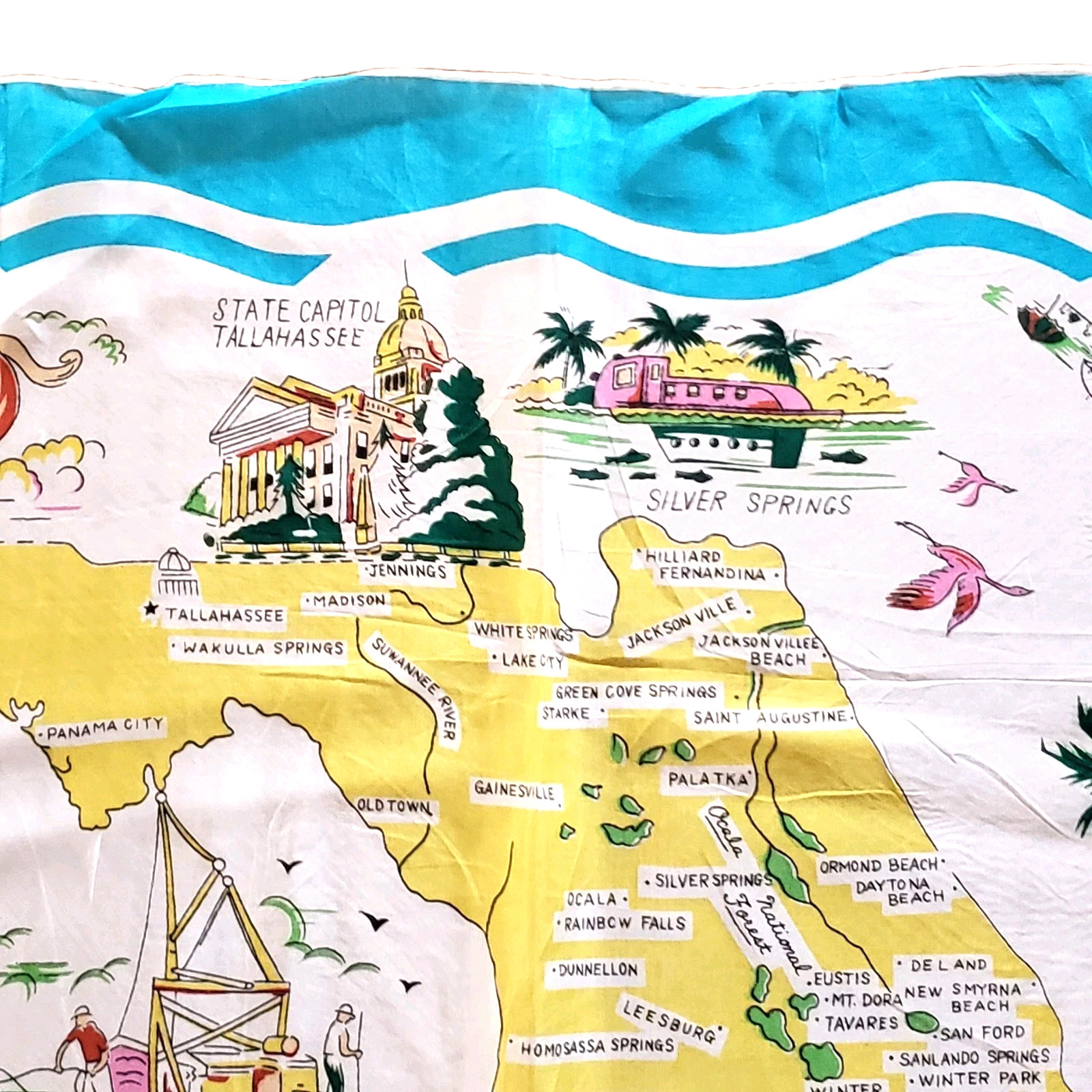 Vintage MCM Florida Map Scarf Rayon Turquoise Blue Hand Rolled Japan 30"X30"