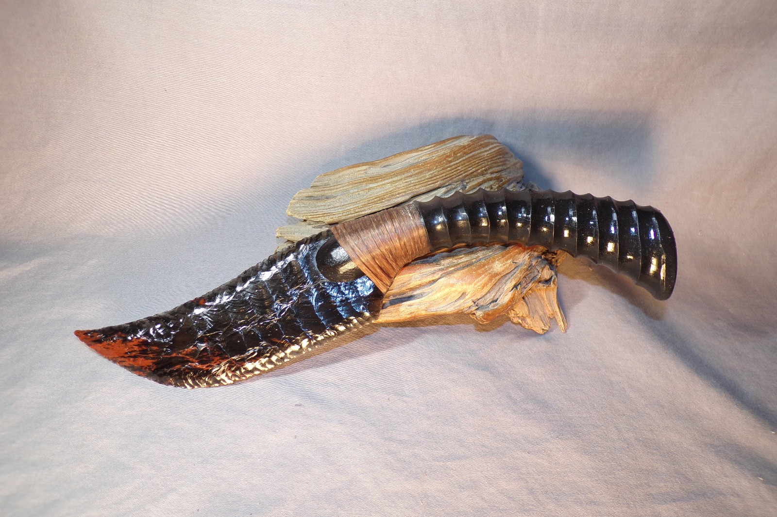 Triple Flow Obsidian Skinning Knife Carved African Antler Handle Flint Knapping