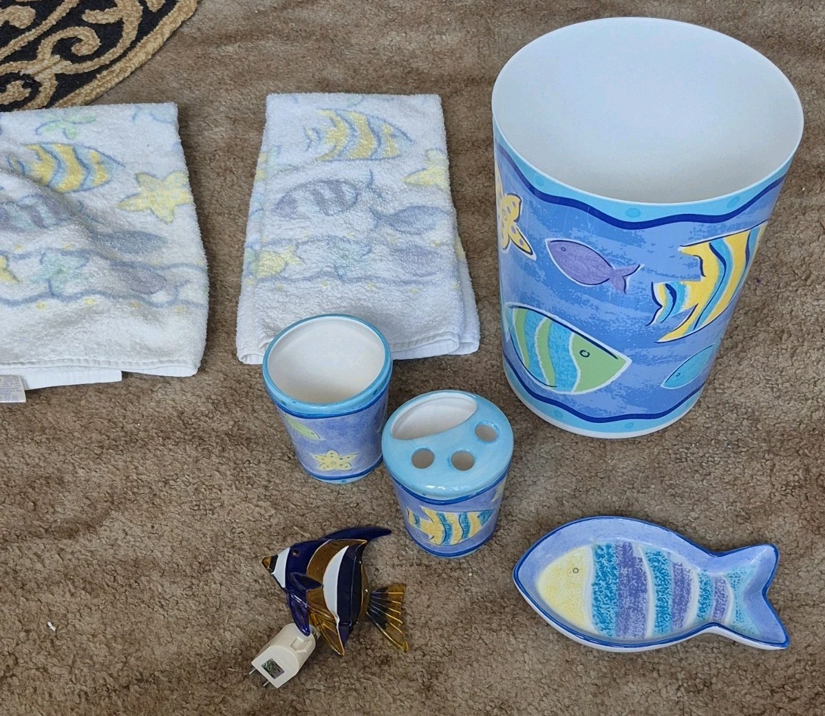 Fish Theme 7pc KIDS Bath Bathroom Set Soap Dish ToothBrush Hold Cup Trash Can