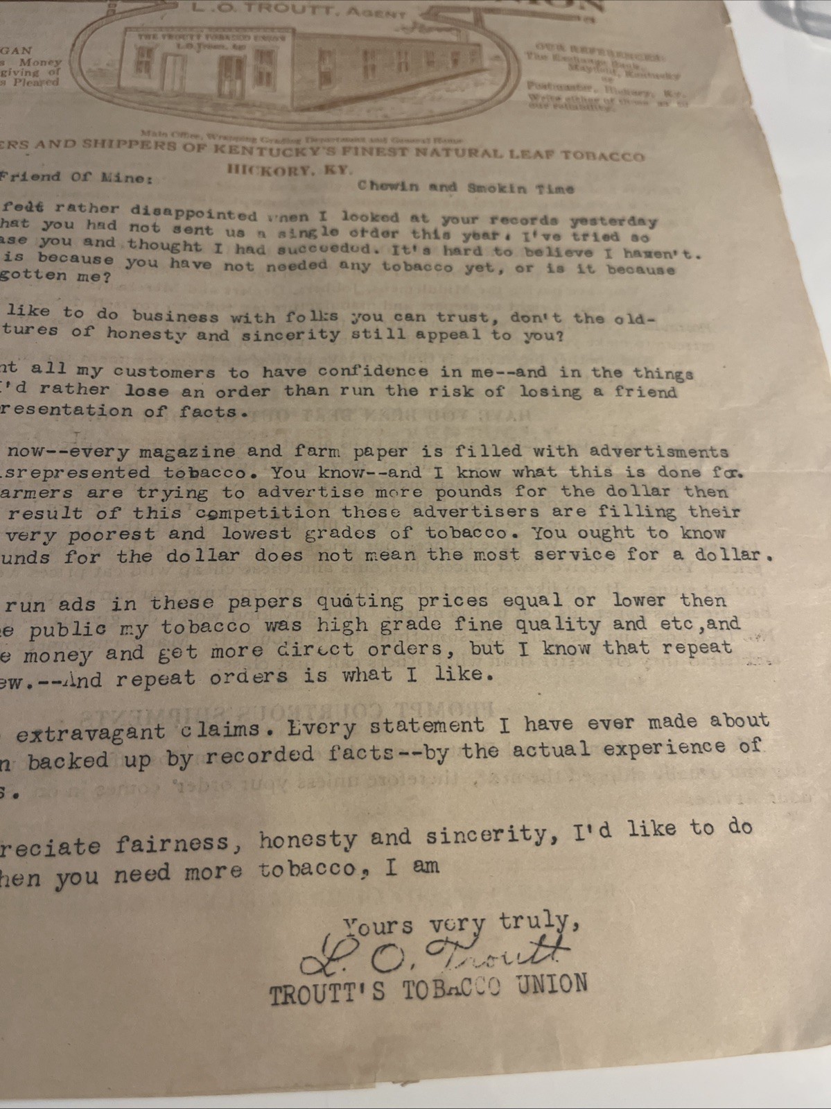 1920s letter from L.O. Troutt of Troutt's Tobacco Union To Long Lost Customer