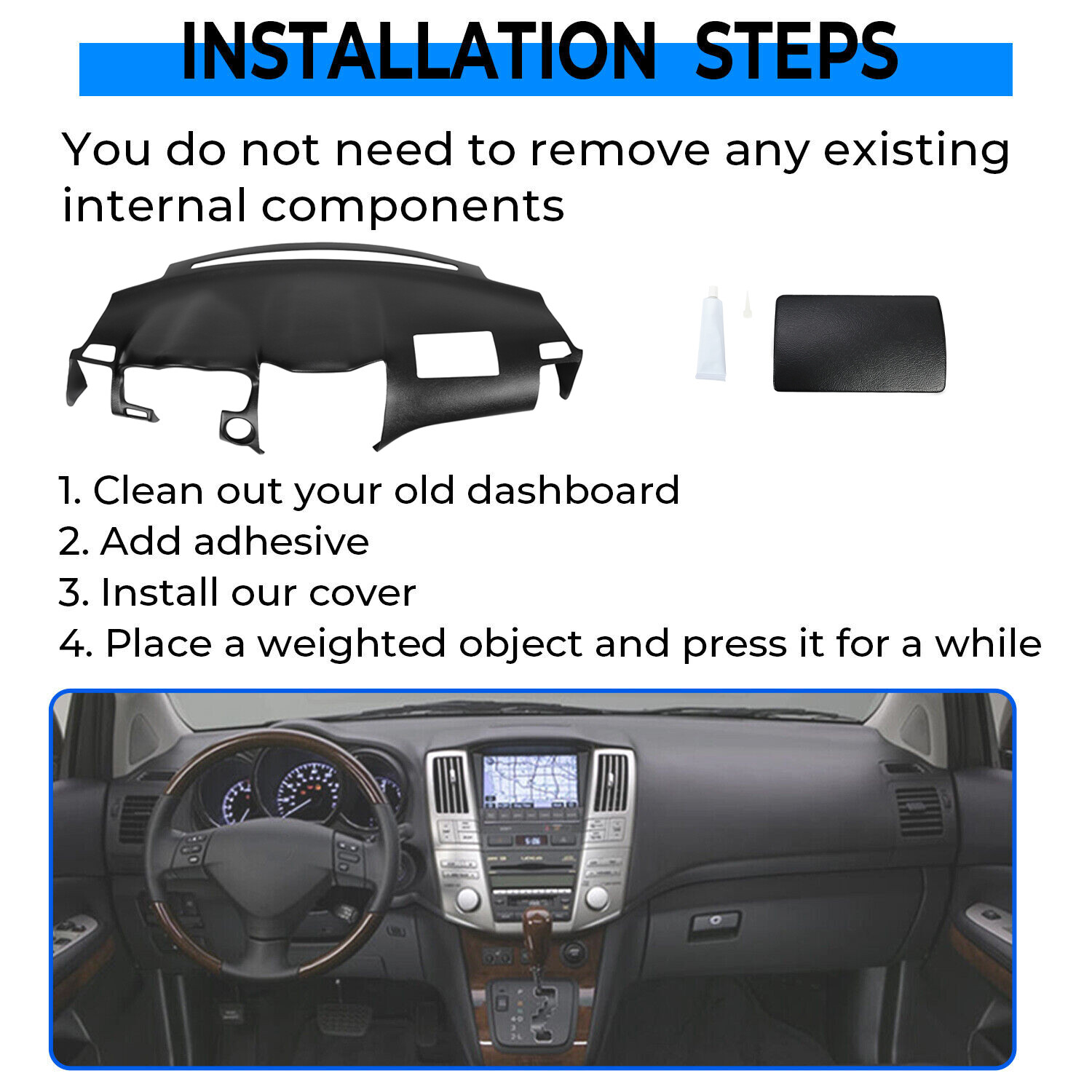 Black Dash Cover Dashboard Overlay Cap For 2004-2009 Lexus RX350 RX400H RX330