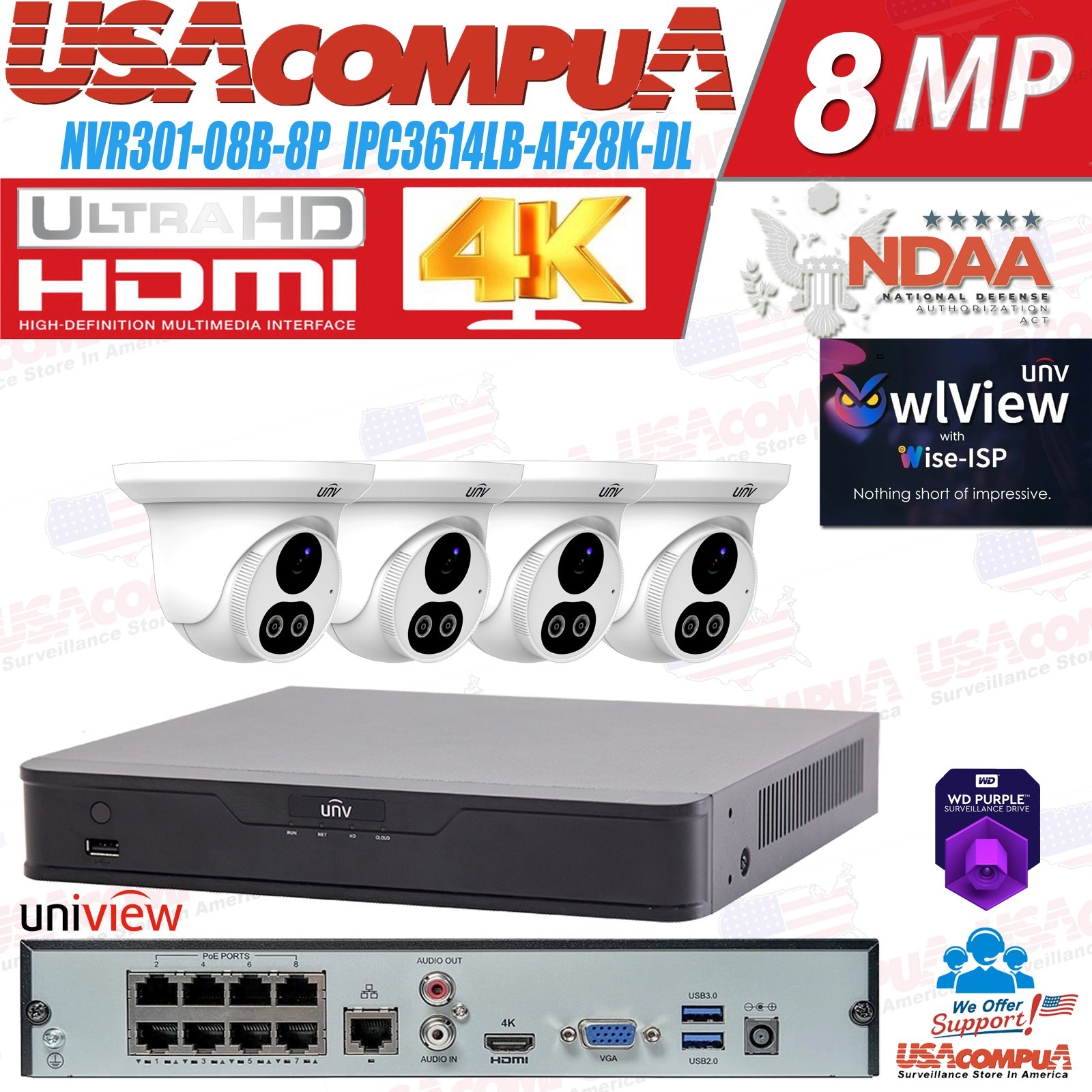 UNIVIEW IP67 8-Ch+4K NVR Network Uniview 4x4MP NDAA Audio IP Camera Security Kit