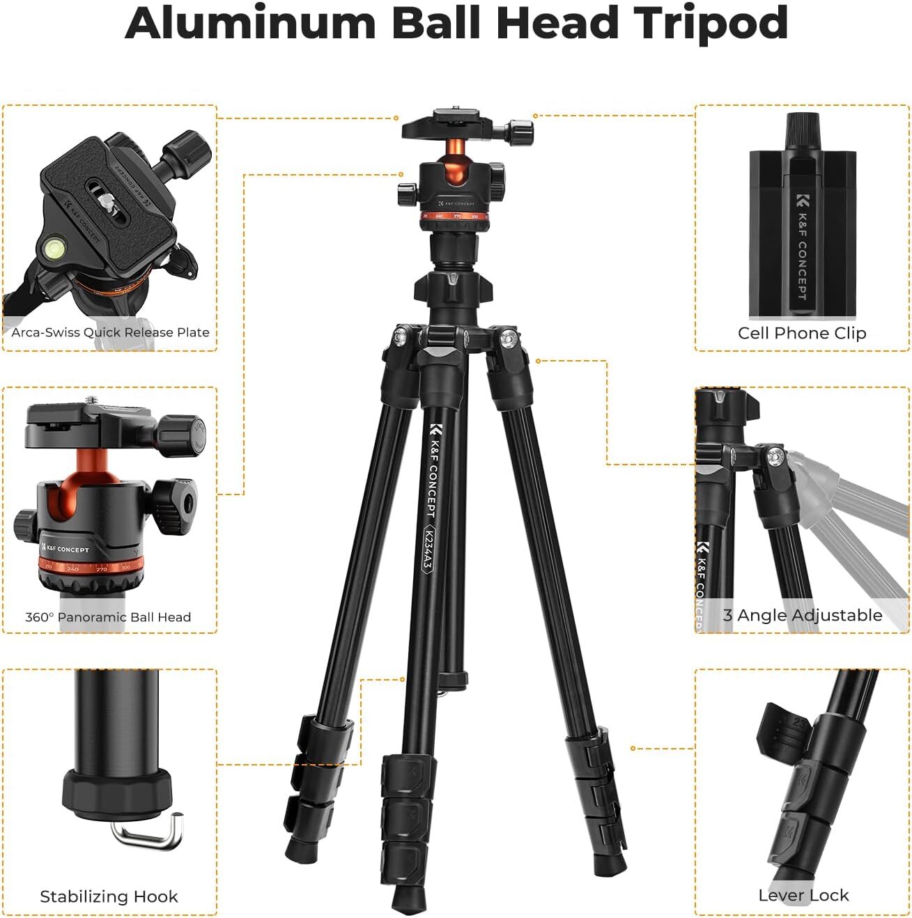 K&F Concept 70" Camera Tripod Lightweight Travel DSLR Tripod with 360° Ball Head