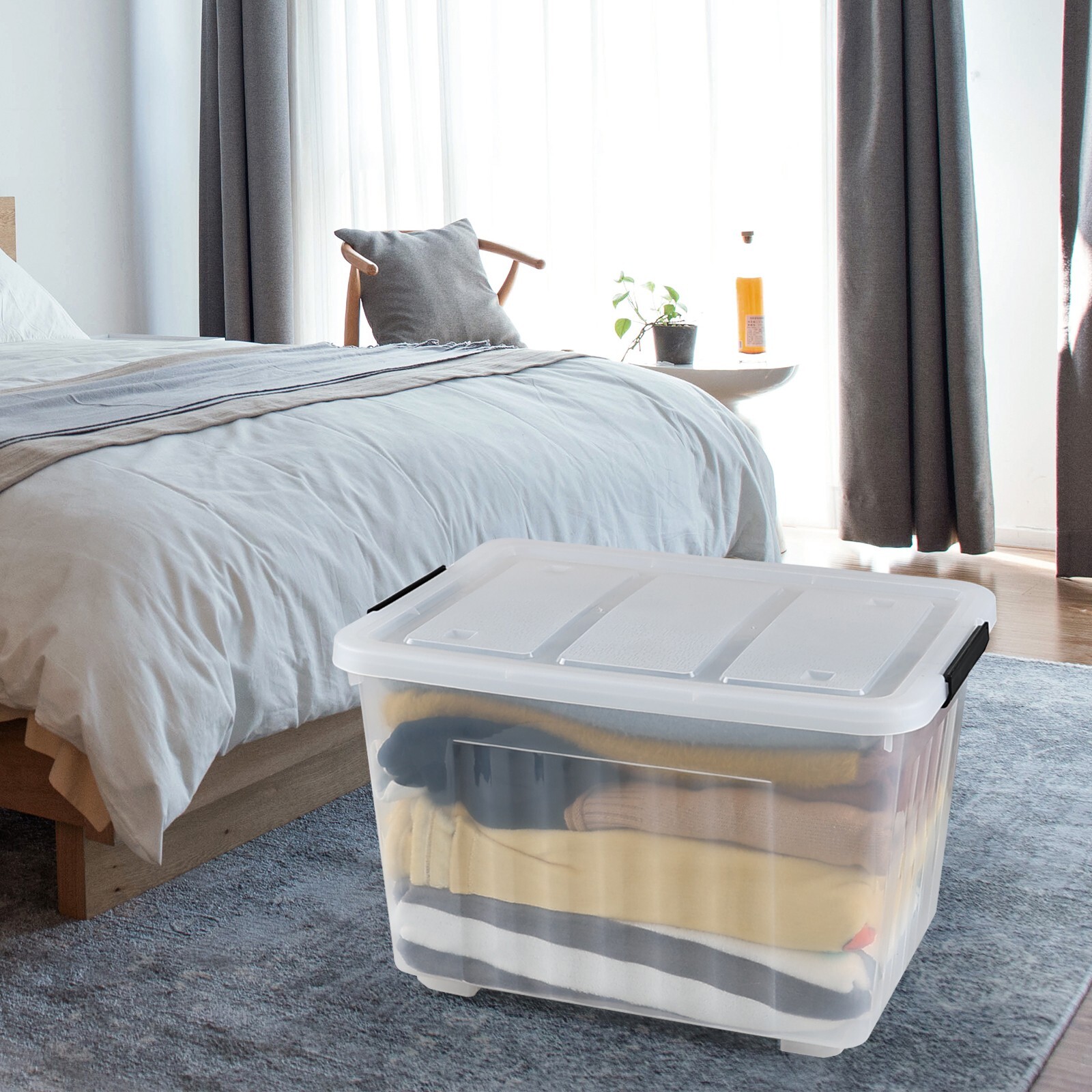 70 Quart Plastic Storage Box, Stackable Latching Bin with Lid & Wheels, 4-Packs