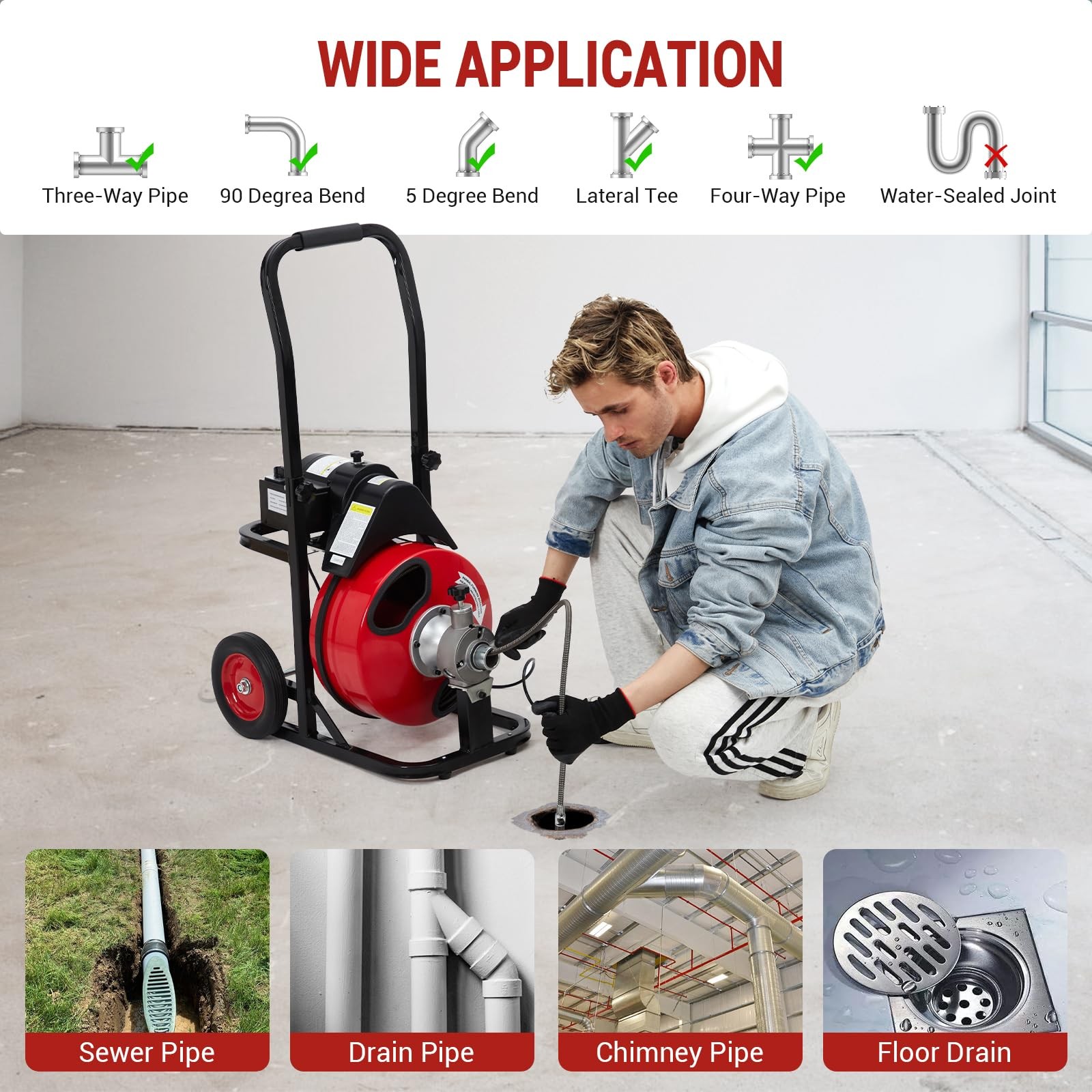 100 FT x 1/2" Drain Cleaner Electric Sewer Snake Cleaning Machine 110V w/ Gloves