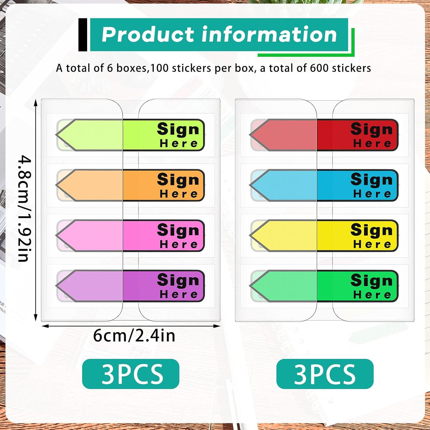Colored Sign Here Tabs - 600 Self-Stick Flag Stickers with Dispenser
