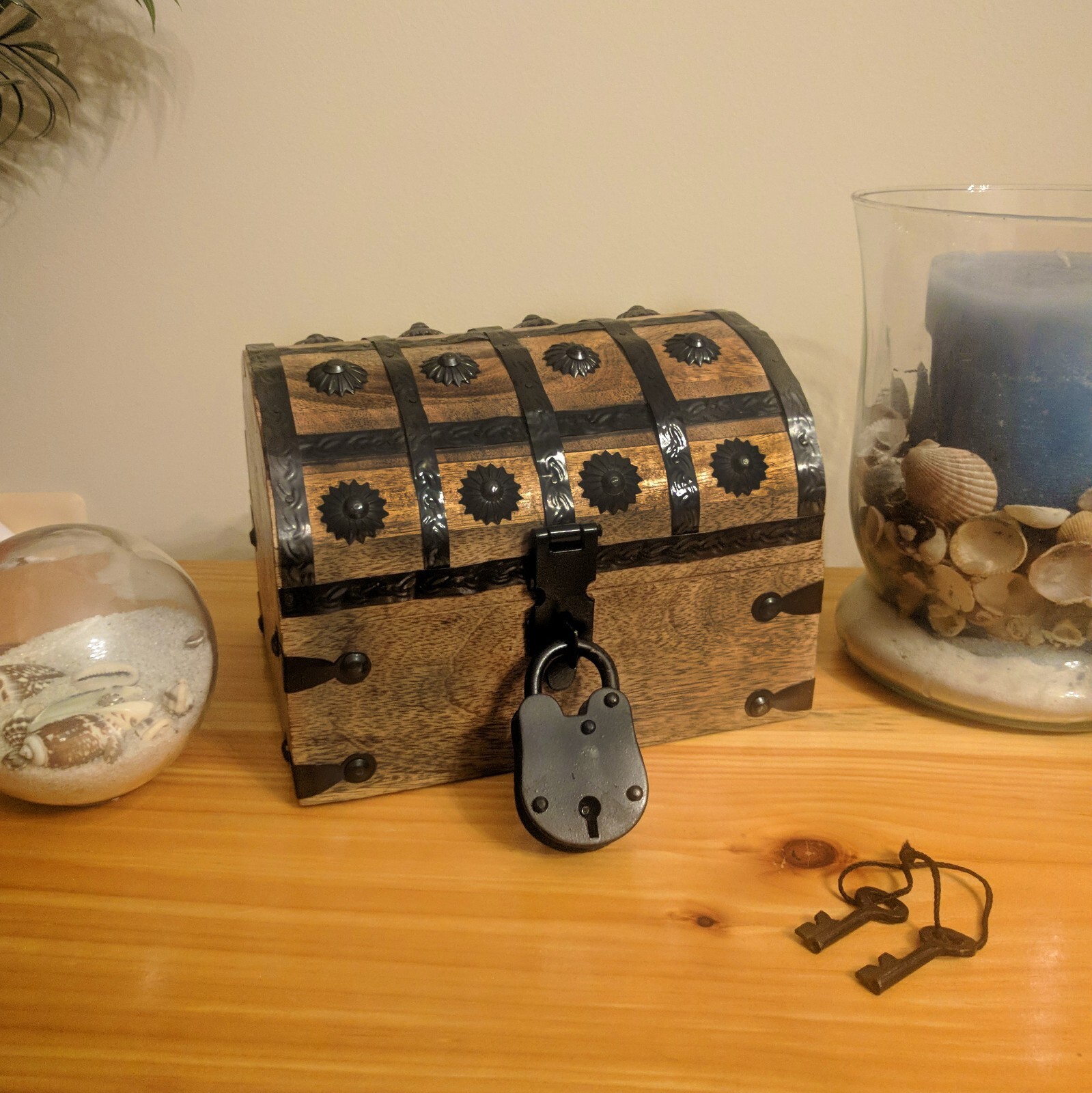 Pirate's Treasure Chest Wooden Nautical Jewelry Box with Functional Lock and Key