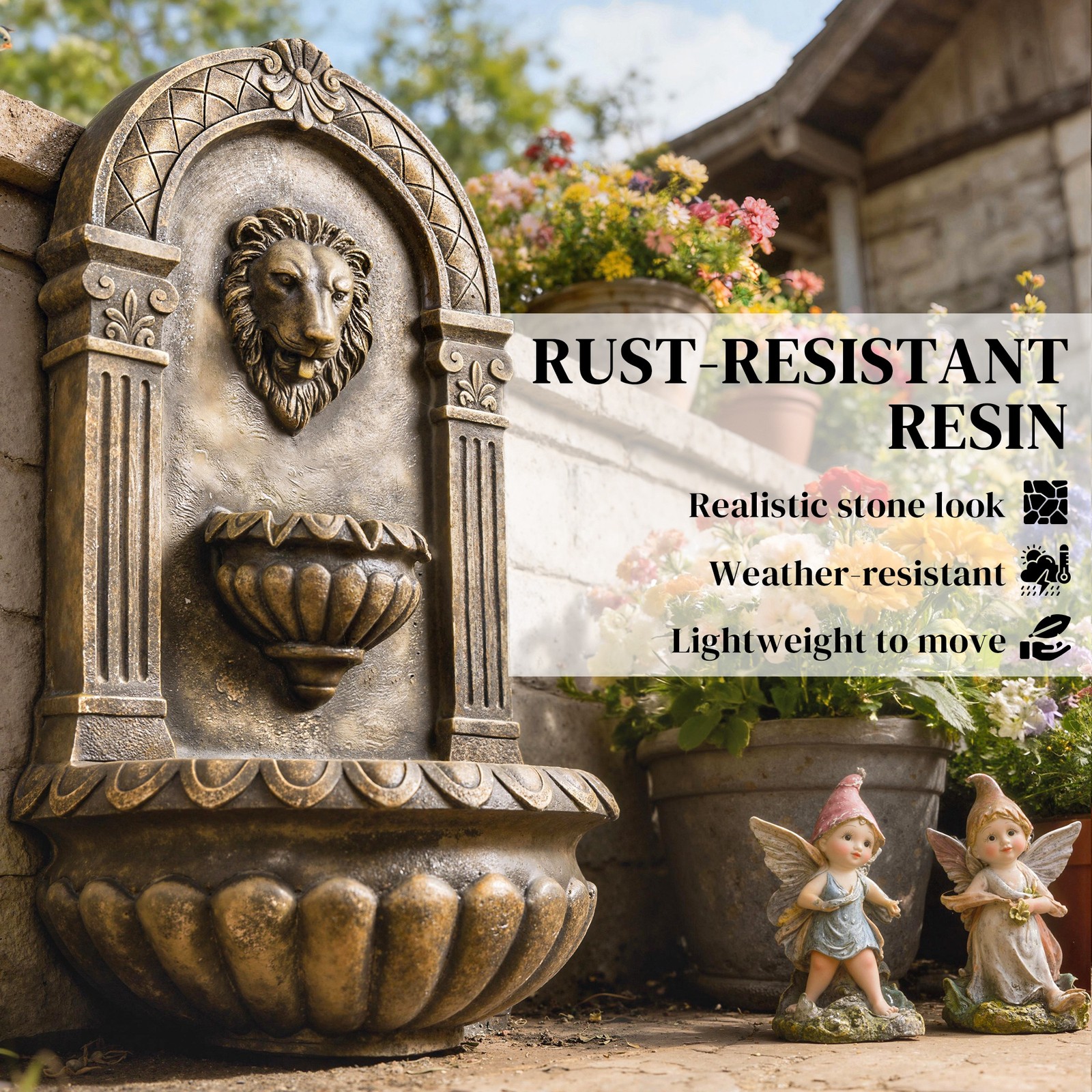 Wall-Mounted 3-Tier Outdoor Fountain with LED Lights, New