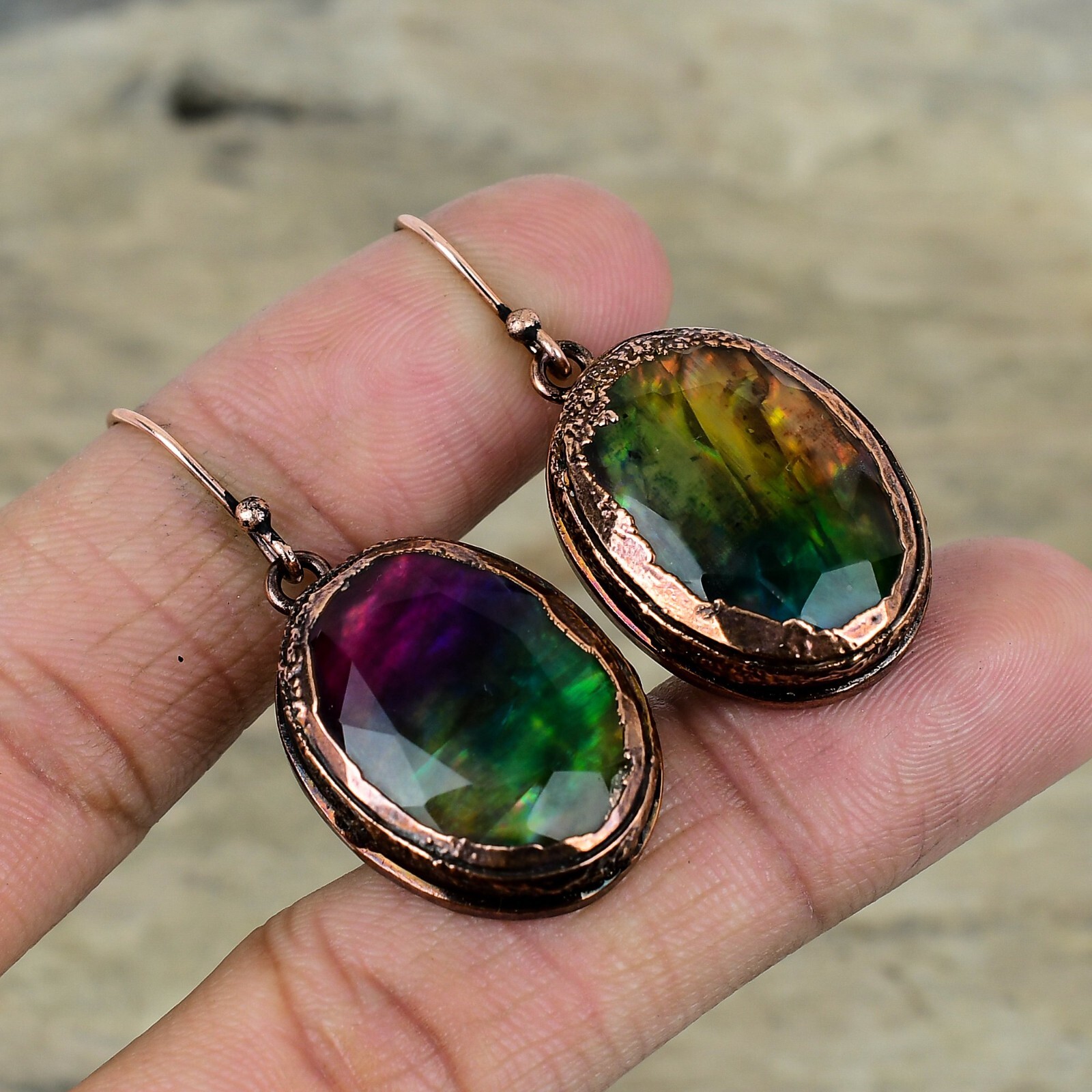 Ammolite Jewelry Copper Friend Gift Electroformed Drop/Dangle Earrings 1.85"
