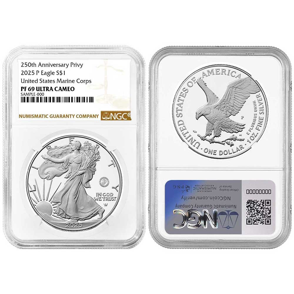 Presale - 2025-P Proof $1 American Silver Eagle Marine Corps Privy NGC PF69UC