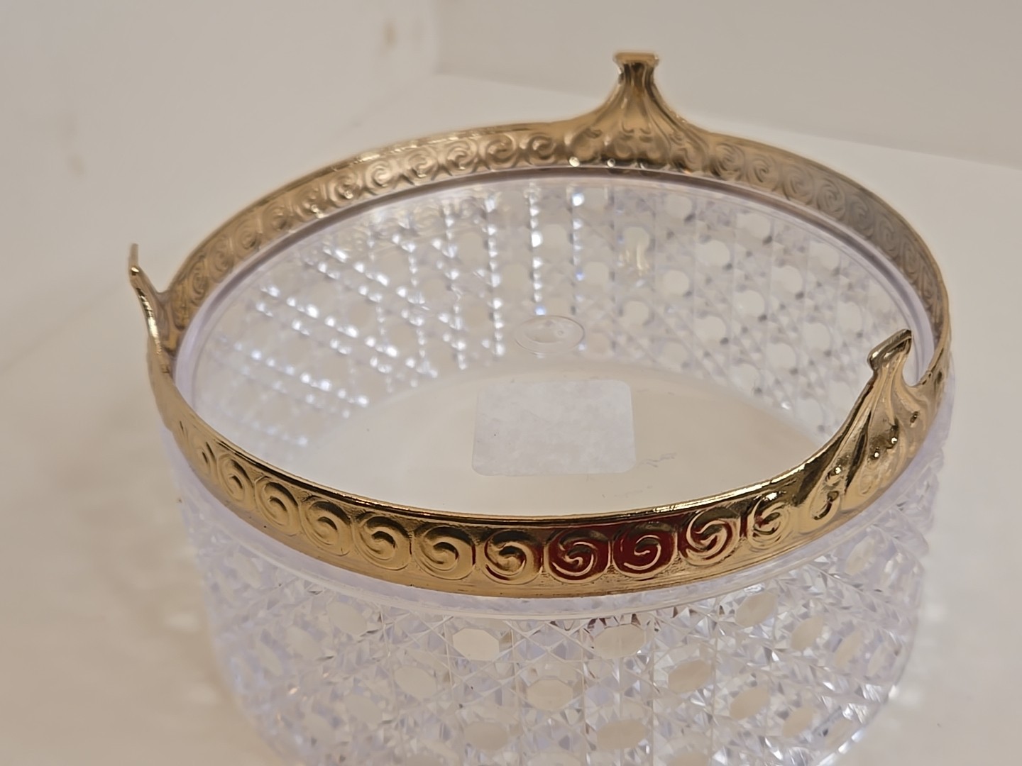 Vintage Avon Powder Box Hollywood Regency Cut Crystal Plastic w Red Puff Vanity