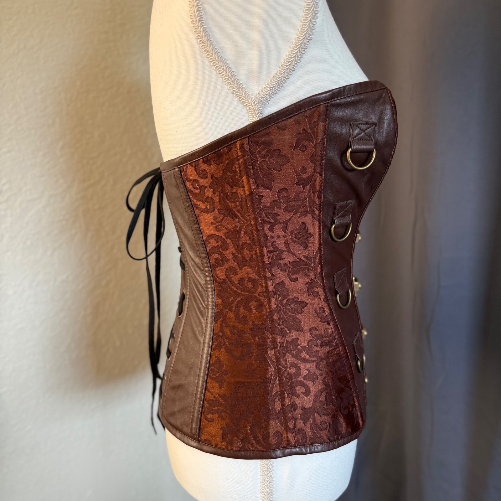 Steampunk Corset Brown Damask Faux Leather Hook Eye Small