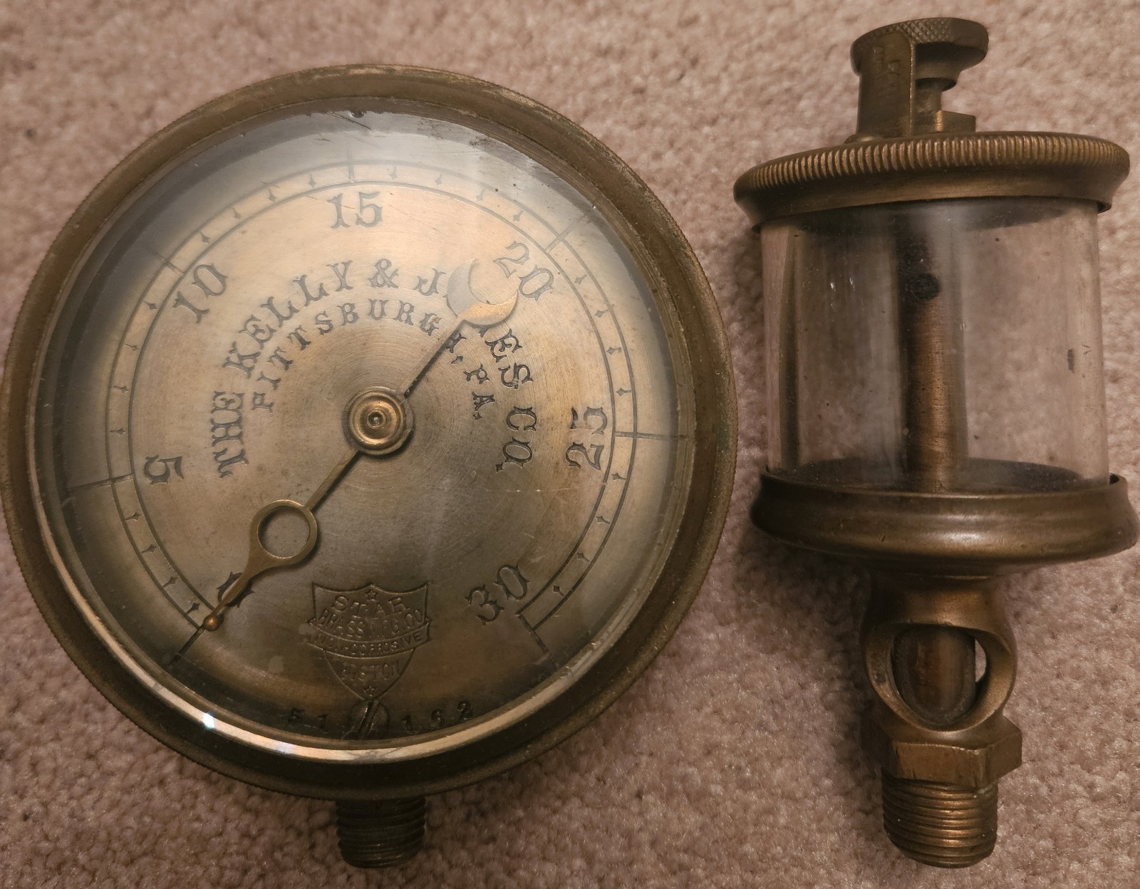 The Kelly And James Co Pittsburgh PA Steam Gauge Star Brass Mfg Antique Pressure