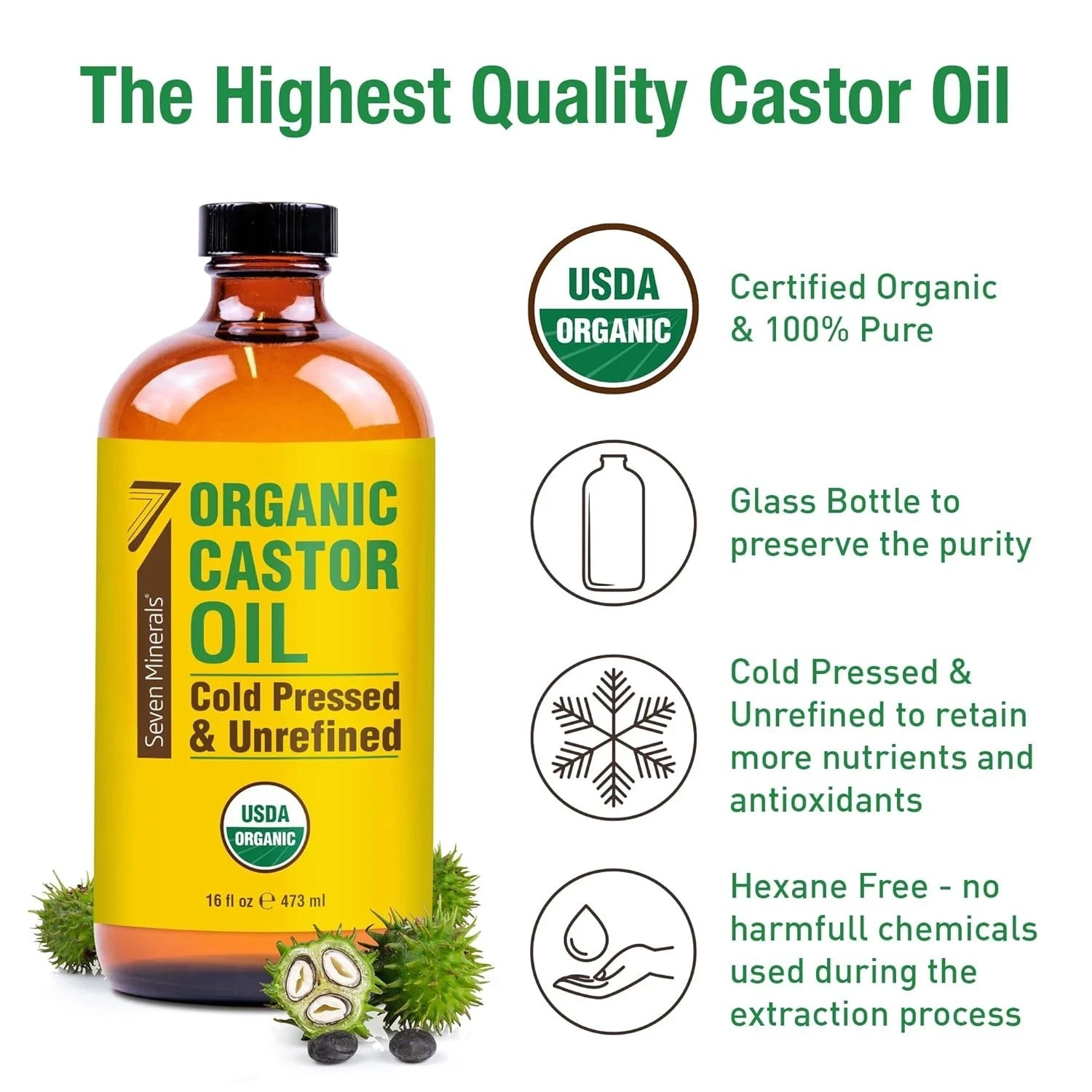 Seven Minerals New 16 fl oz Glass Bottle Castor Oil Organic Cold Pressed Unrefin