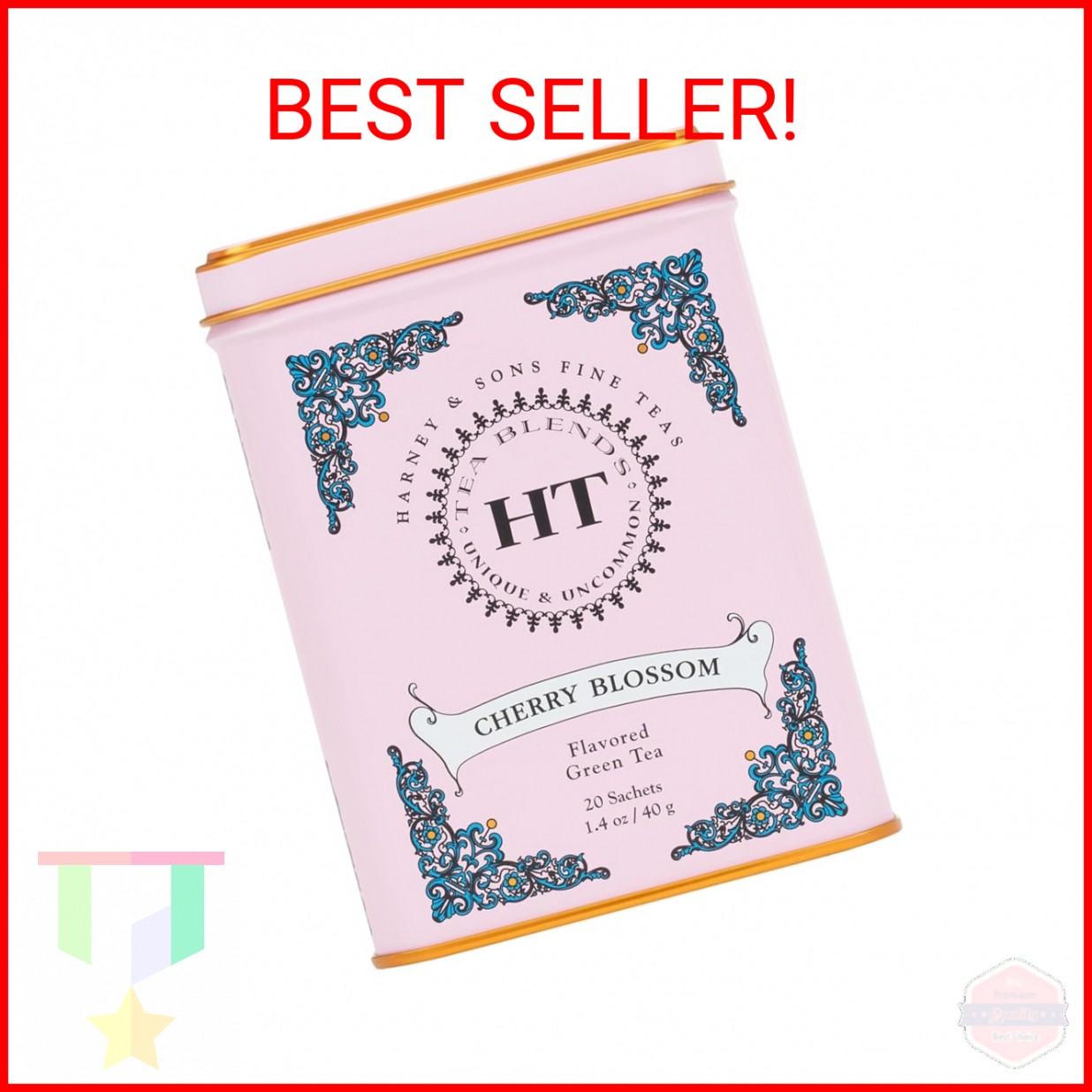 Harney & Sons Caffeinated Blossom Green Tea Tin Sachets Pink 31629, Cherry, 20 C